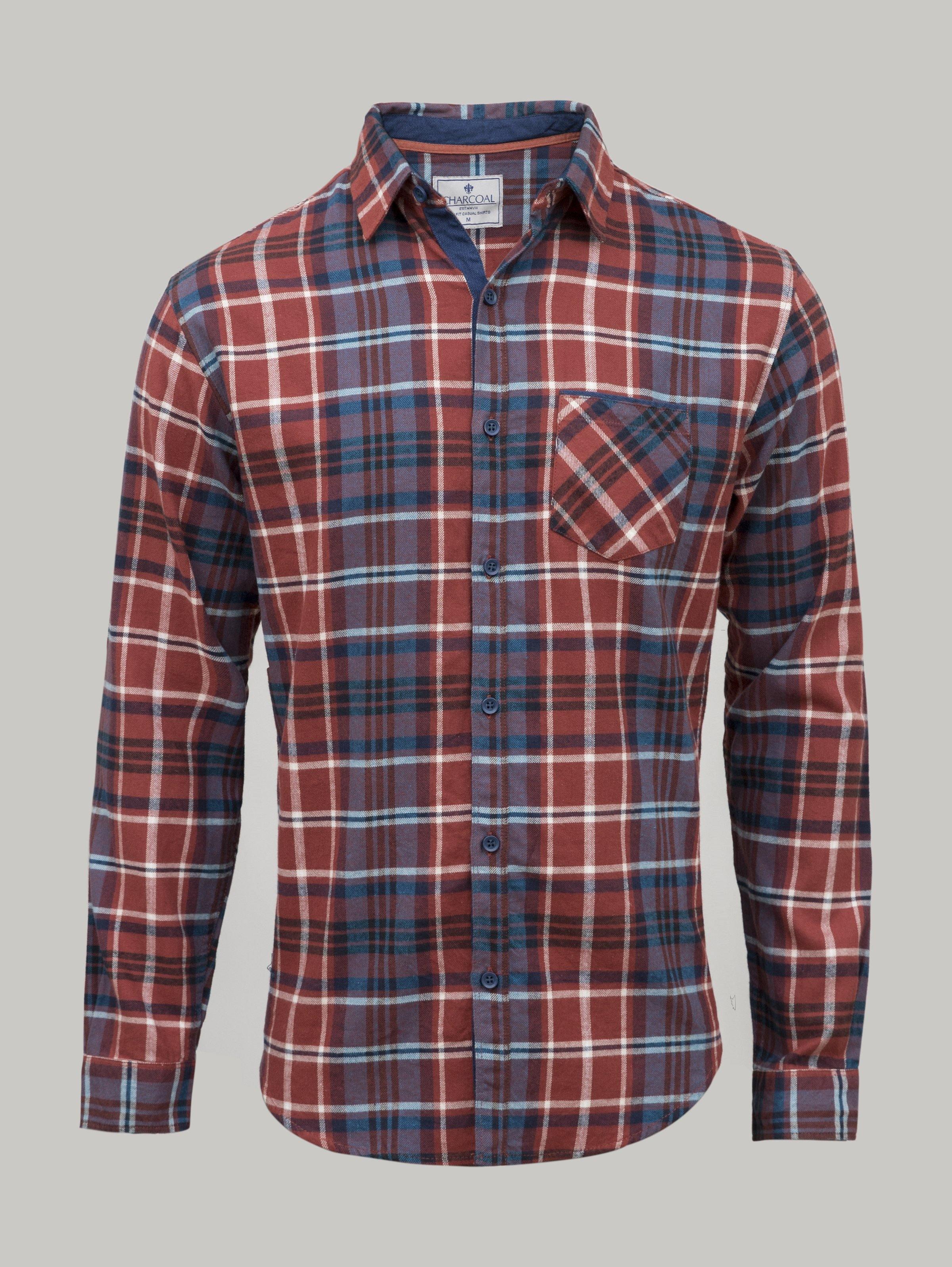 Long-sleeve rust plaid button-up casual shirt with chest pocket and dark buttons