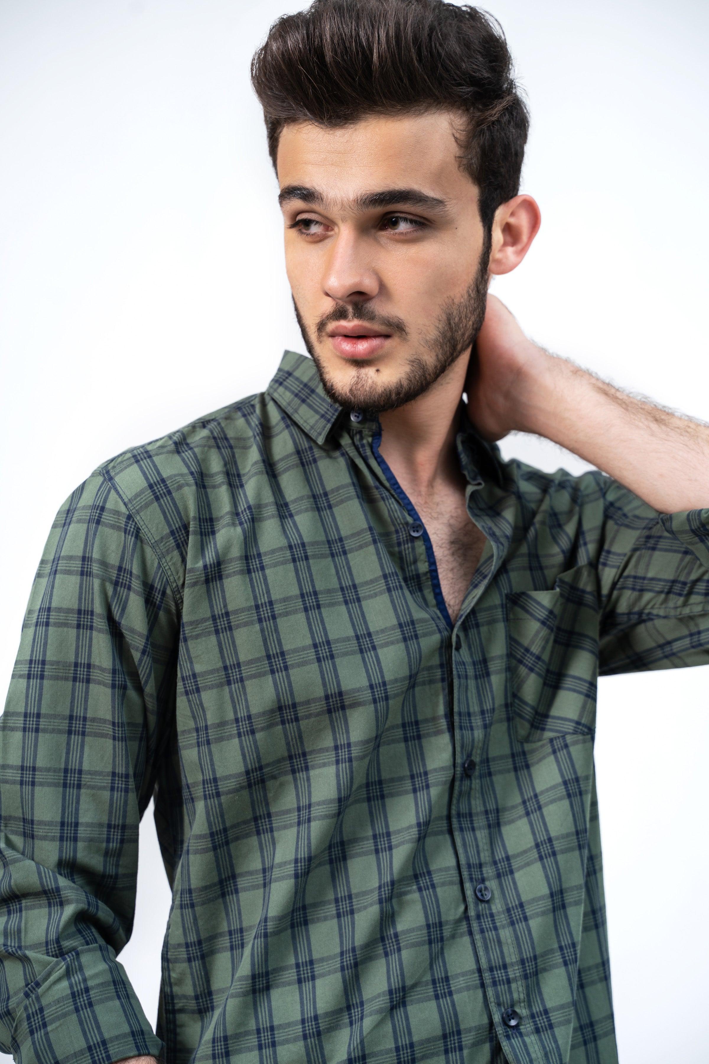 CASUAL SHIRT GREEN NAVY CHECK at Charcoal Clothing