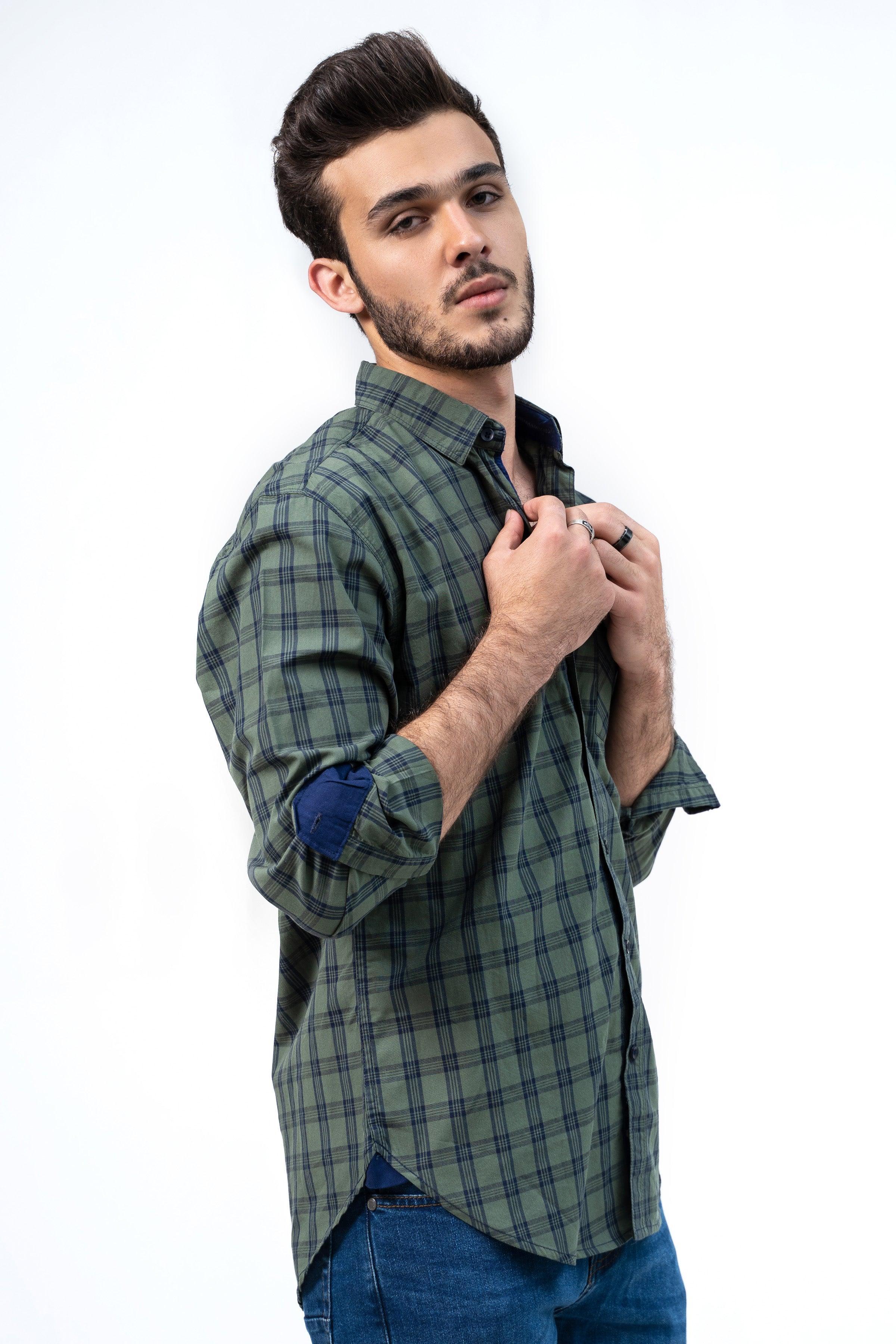 CASUAL SHIRT GREEN NAVY CHECK at Charcoal Clothing