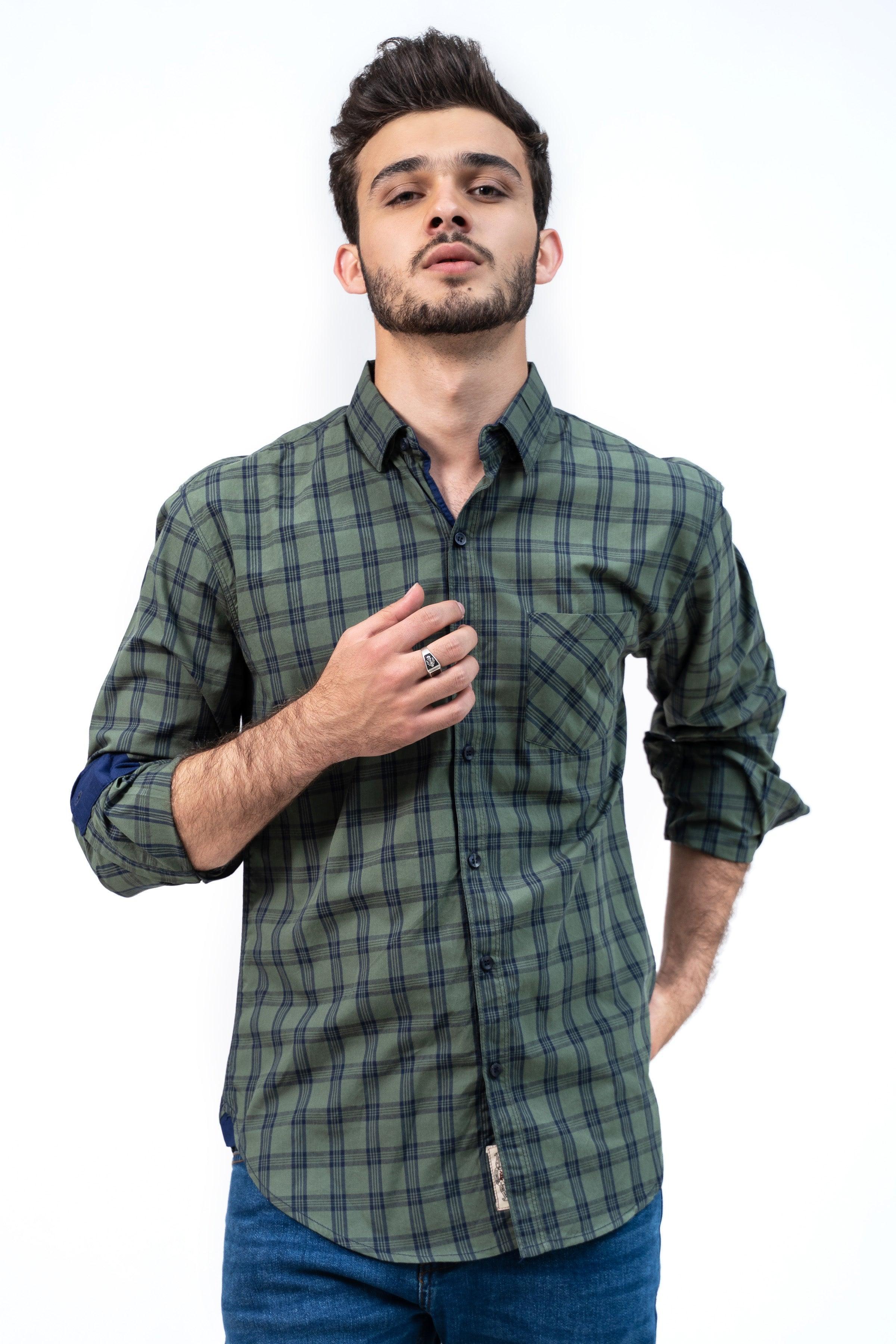 CASUAL SHIRT GREEN NAVY CHECK at Charcoal Clothing