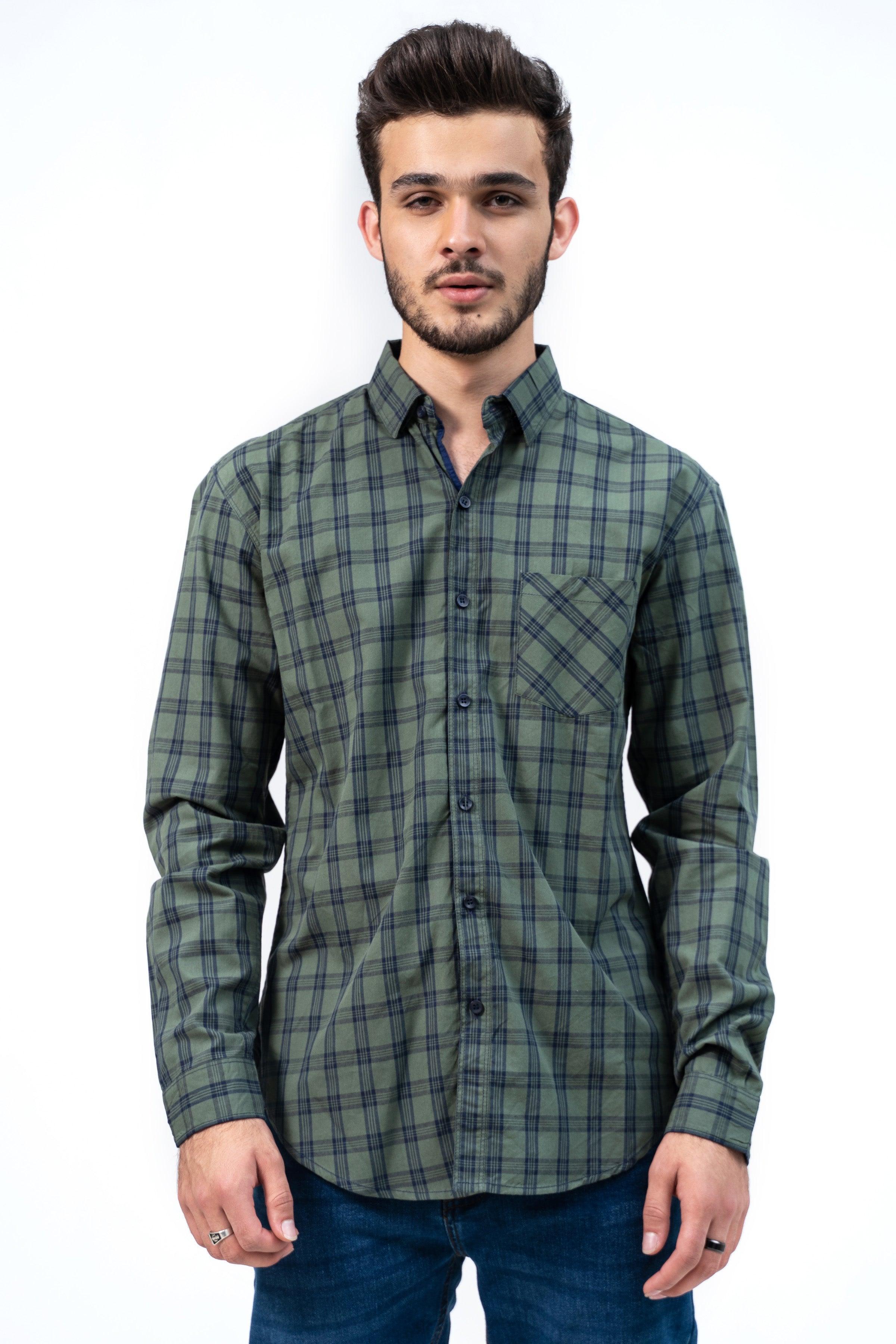 CASUAL SHIRT GREEN NAVY CHECK at Charcoal Clothing