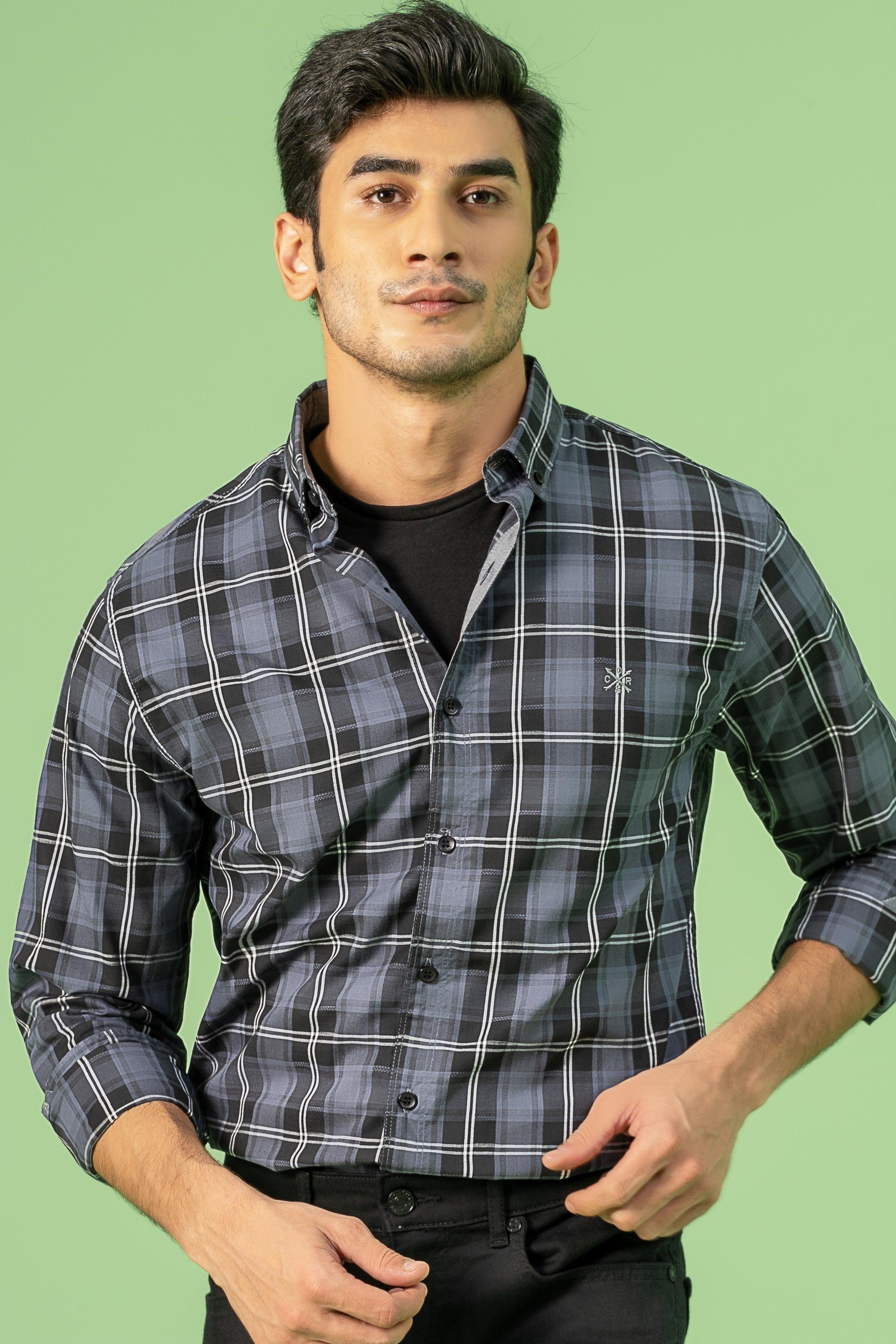 CASUAL SHIRT GREY BLACK CHECK at Charcoal Clothing