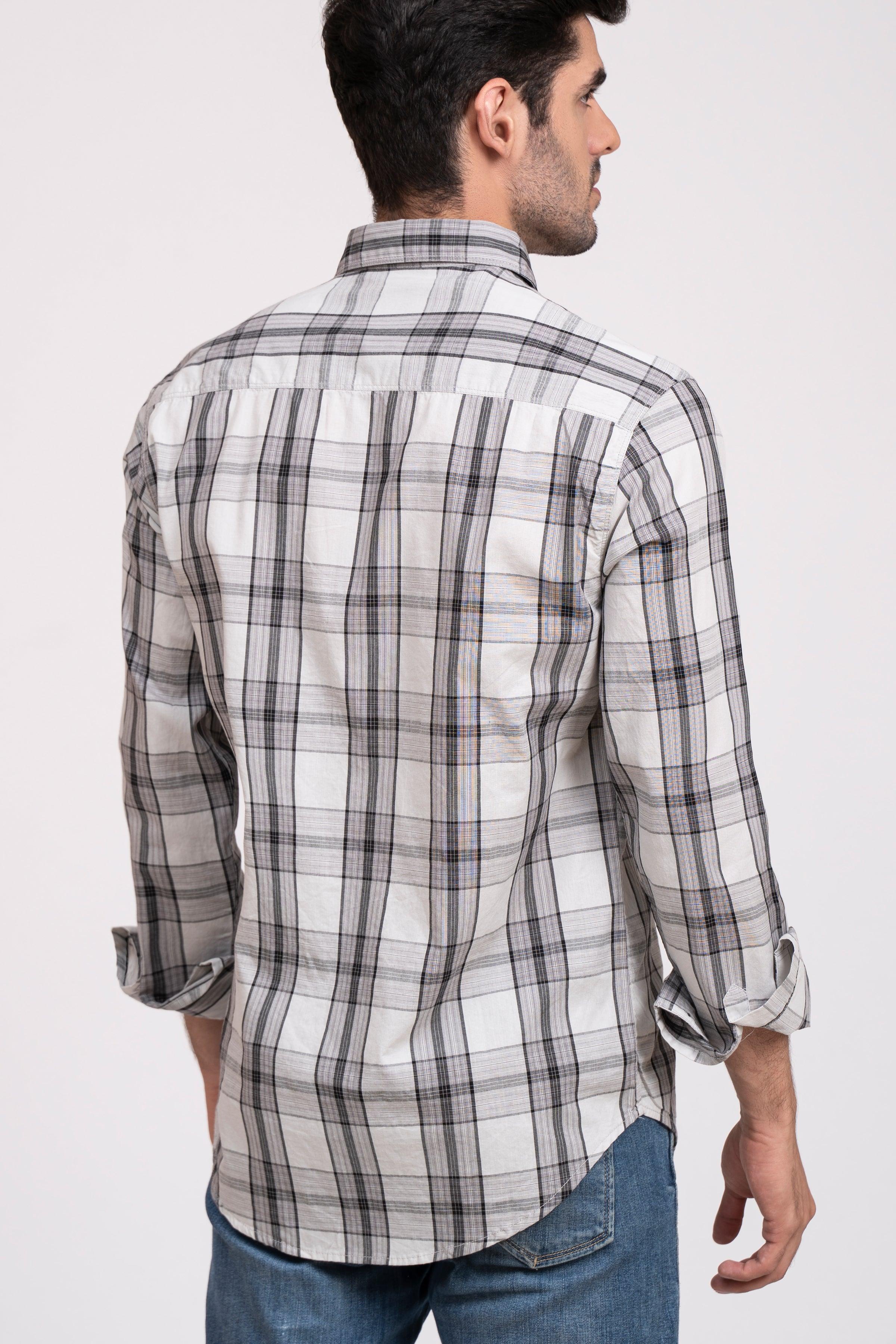 Casual grey check button-up shirt, back view, long sleeves