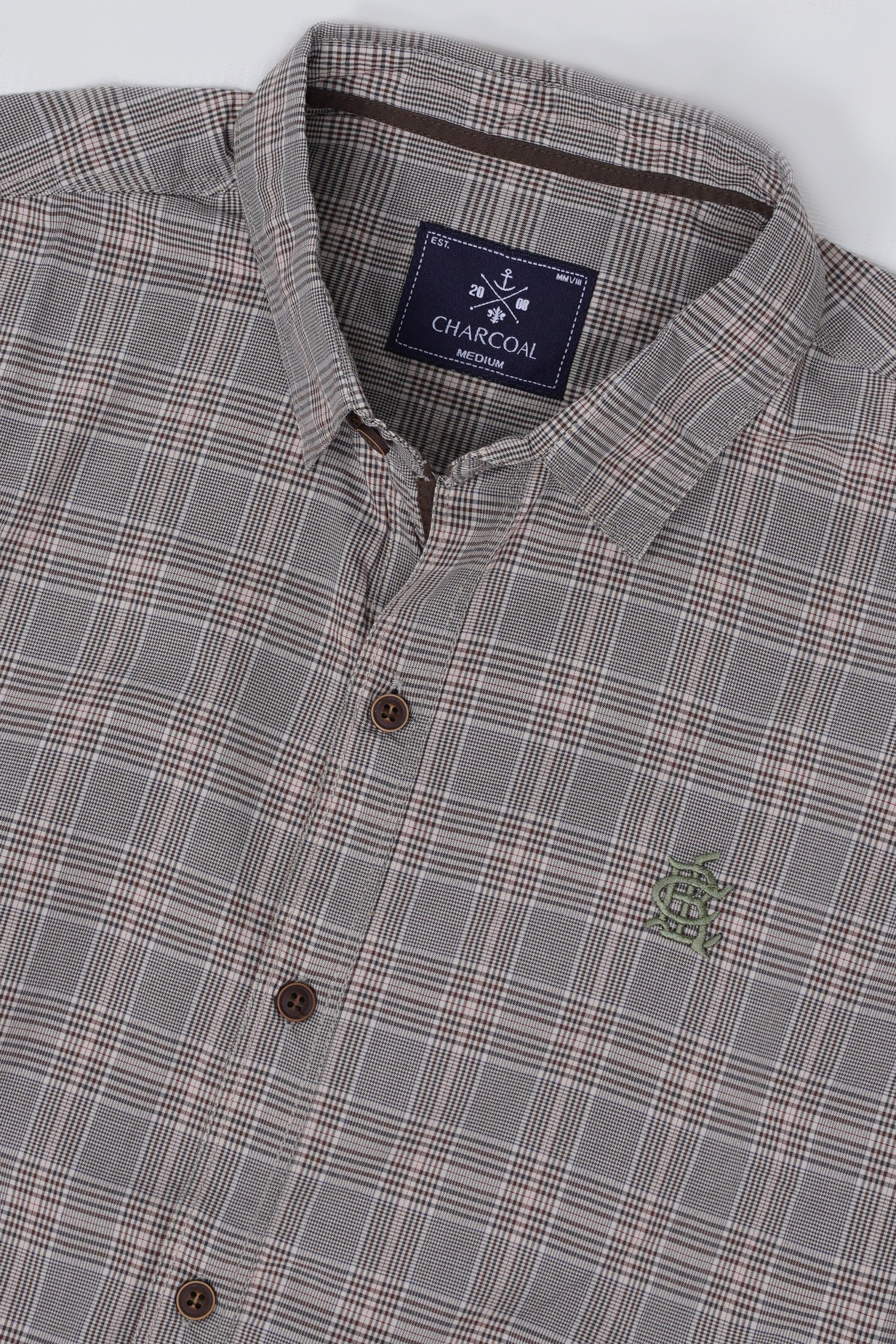 Grey check button-up shirt with long sleeves, point collar, and neck label