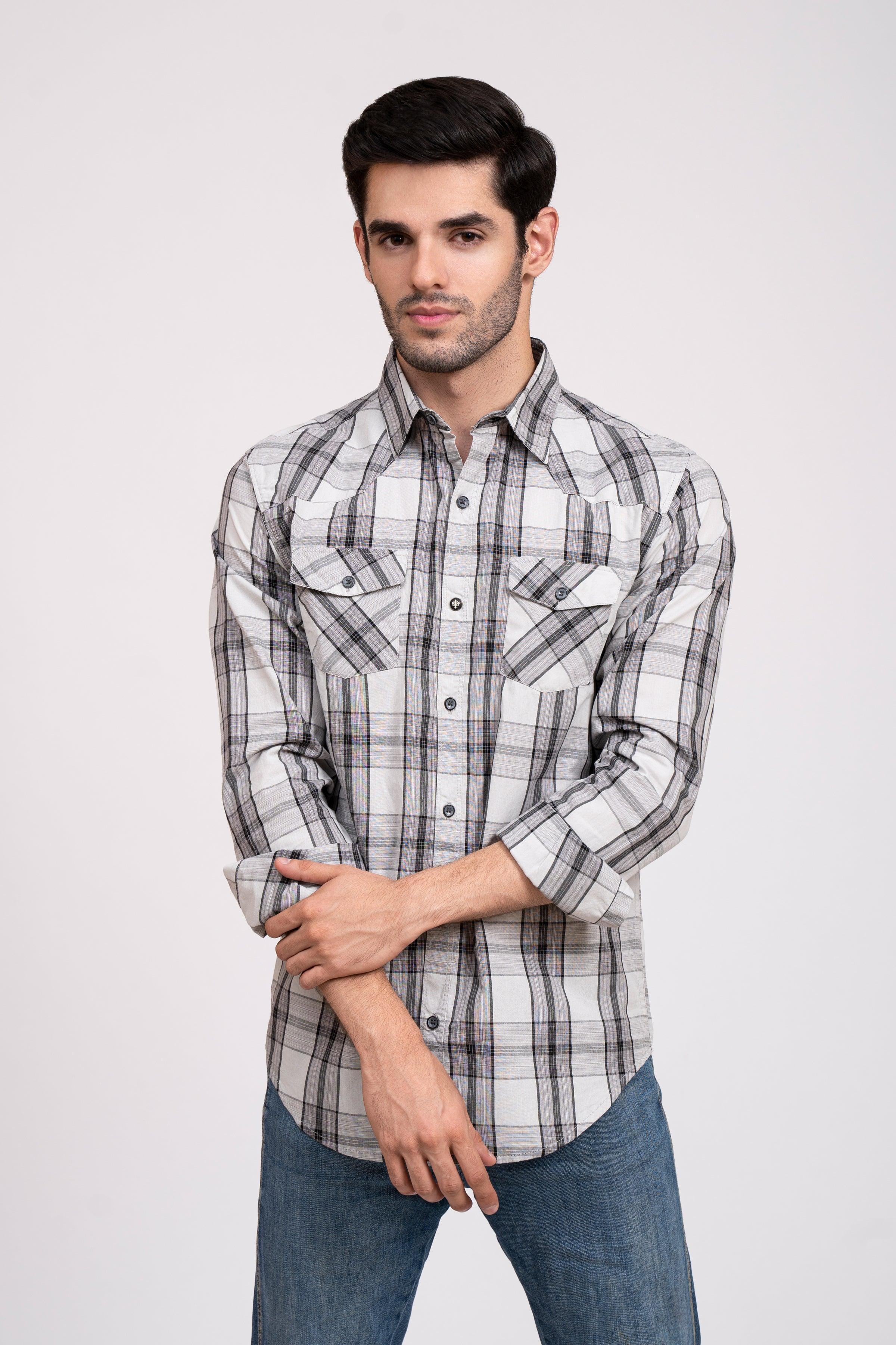 Casual grey check button-up shirt with two chest pockets and long sleeves