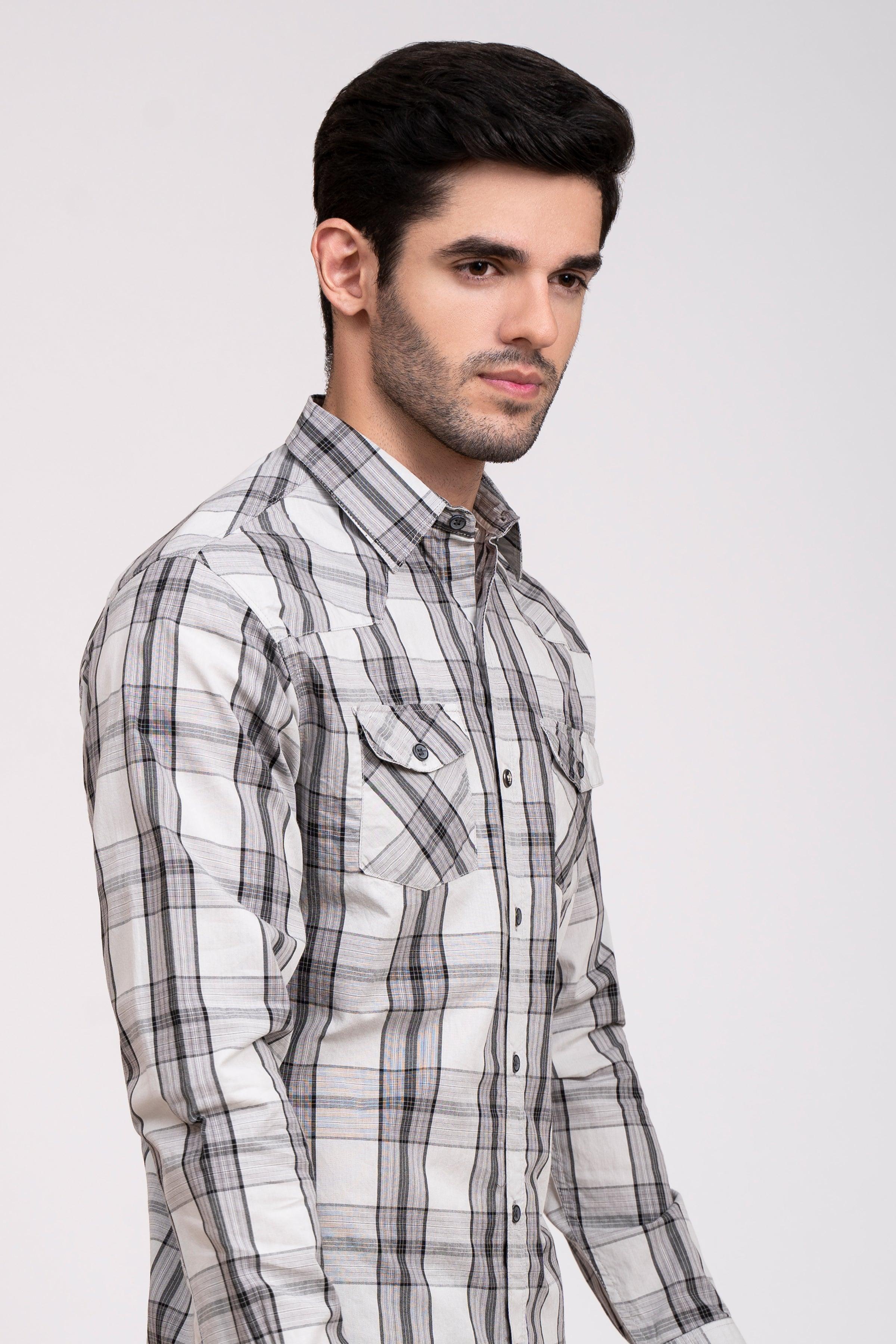 Casual grey check button-up shirt, side view, long sleeves and collar