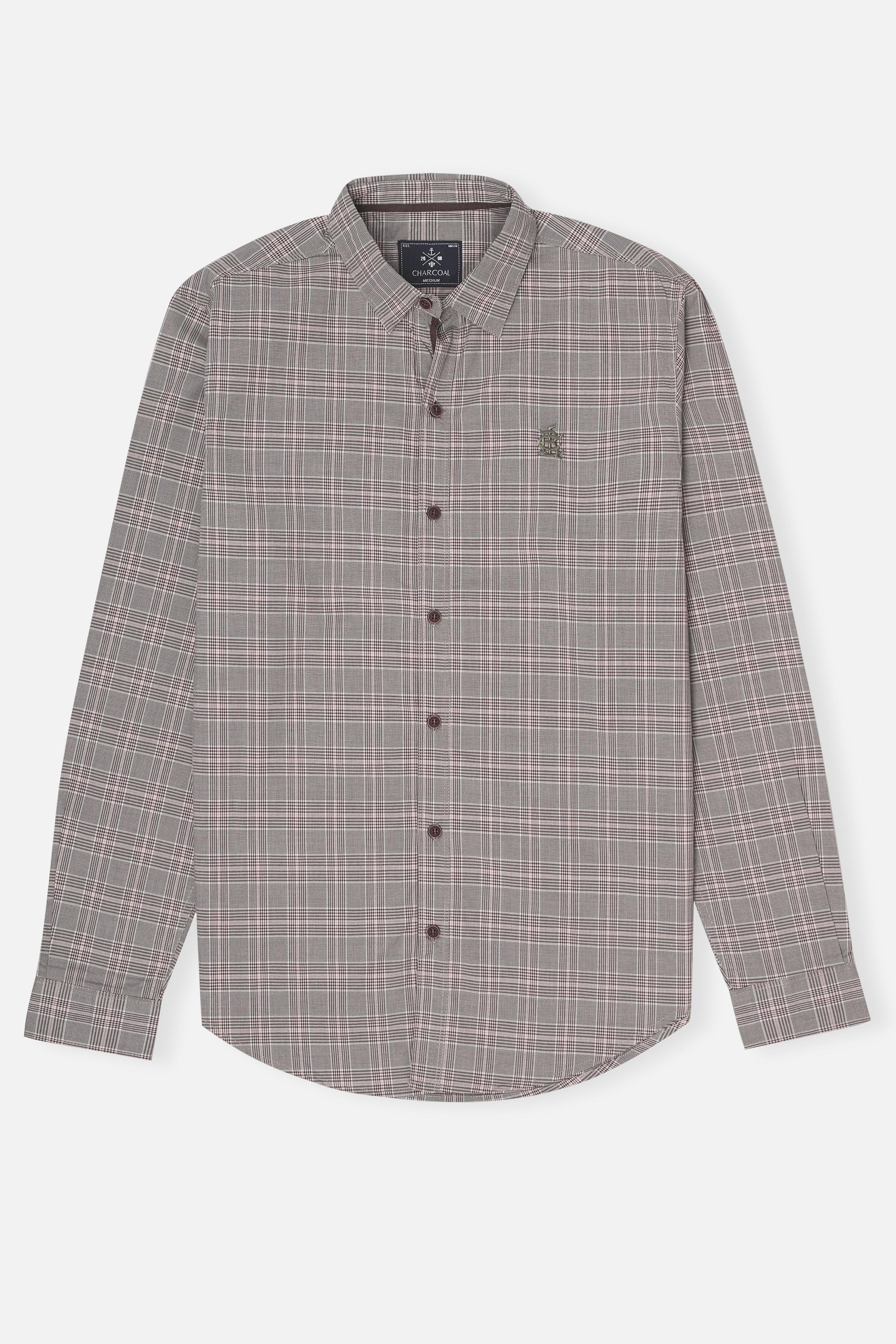 Grey check casual button-up shirt with long sleeves, point collar, and chest logo