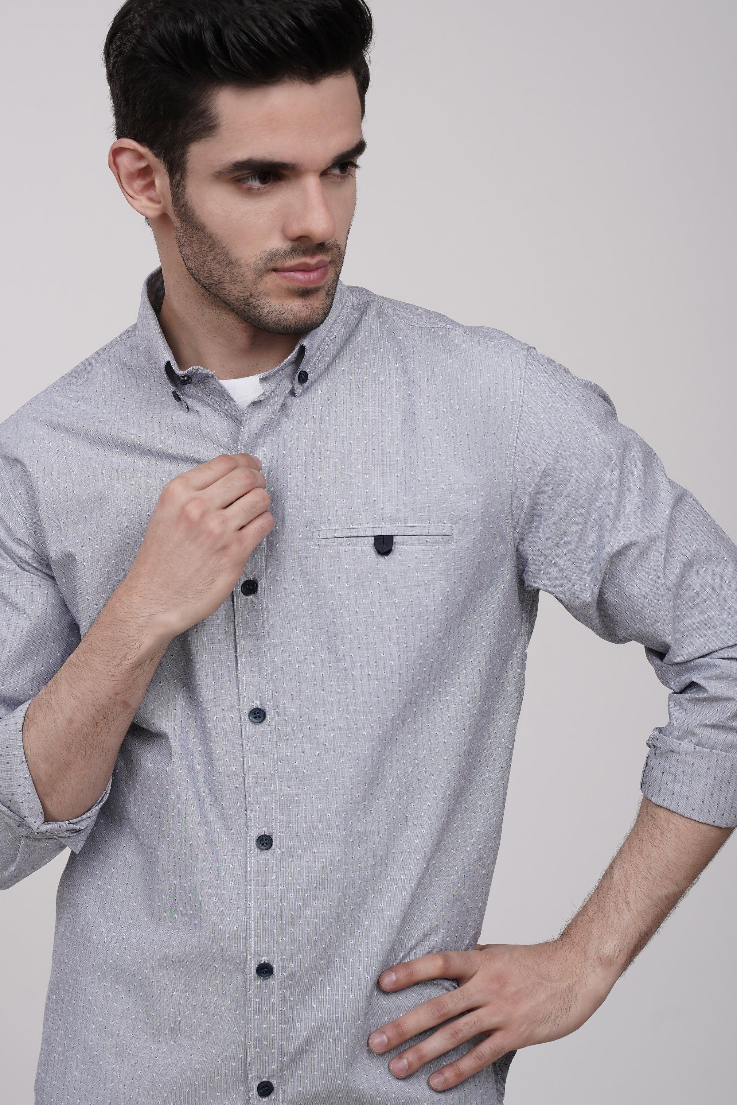 Grey casual button-up shirt with collar, chest pocket, and buttoned placket