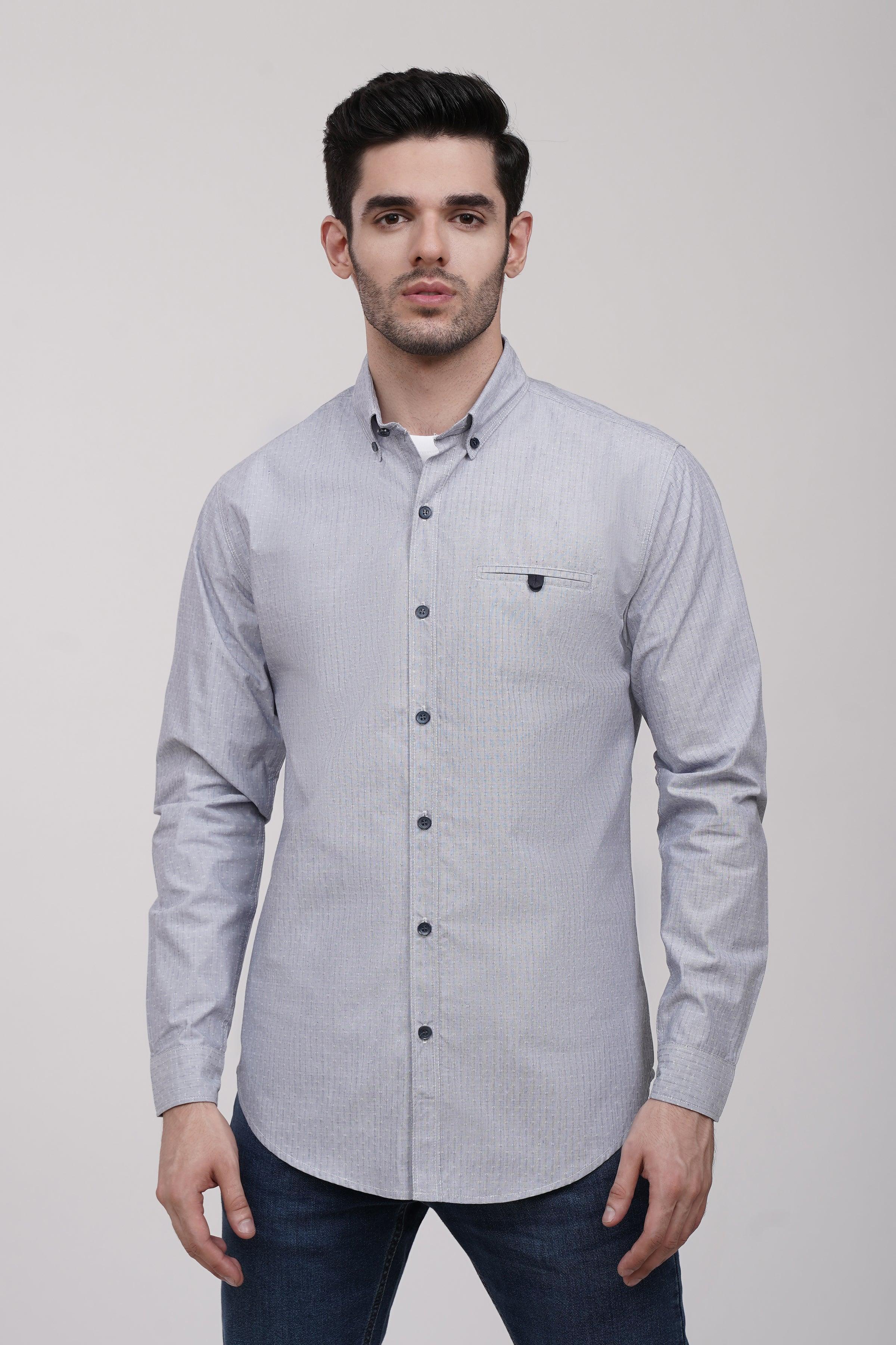 Grey casual button-up shirt, long sleeves, button front and chest pocket