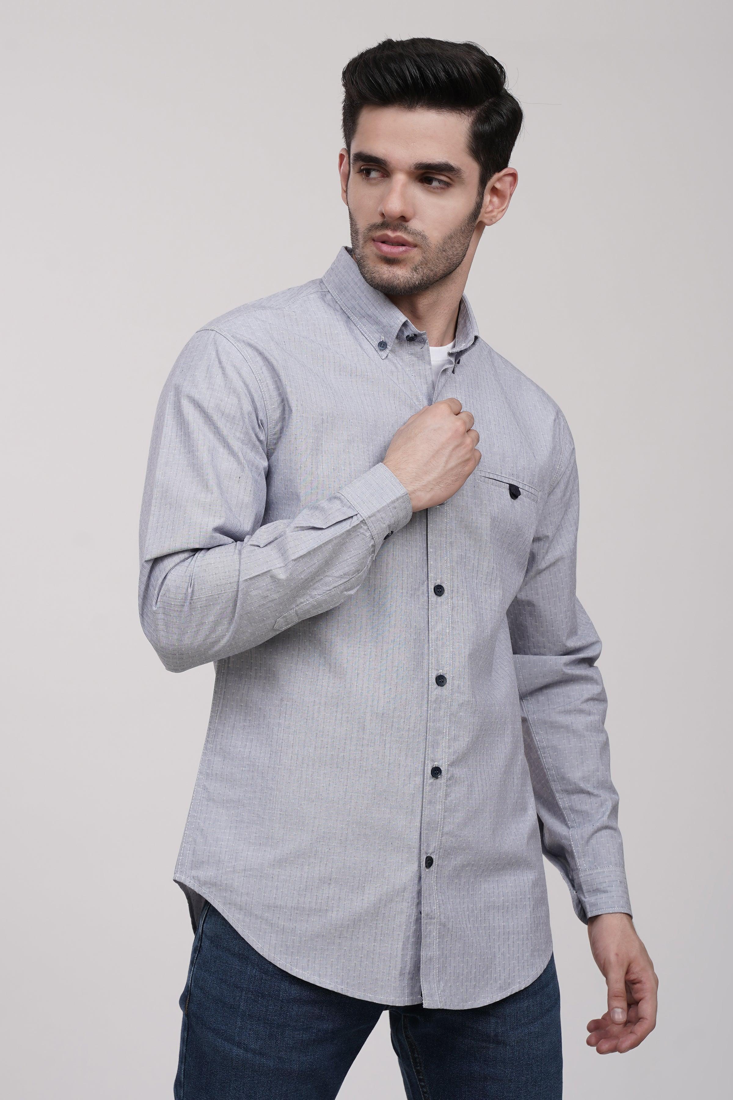 Grey casual button-up shirt with dark buttons and chest pocket, long sleeves
