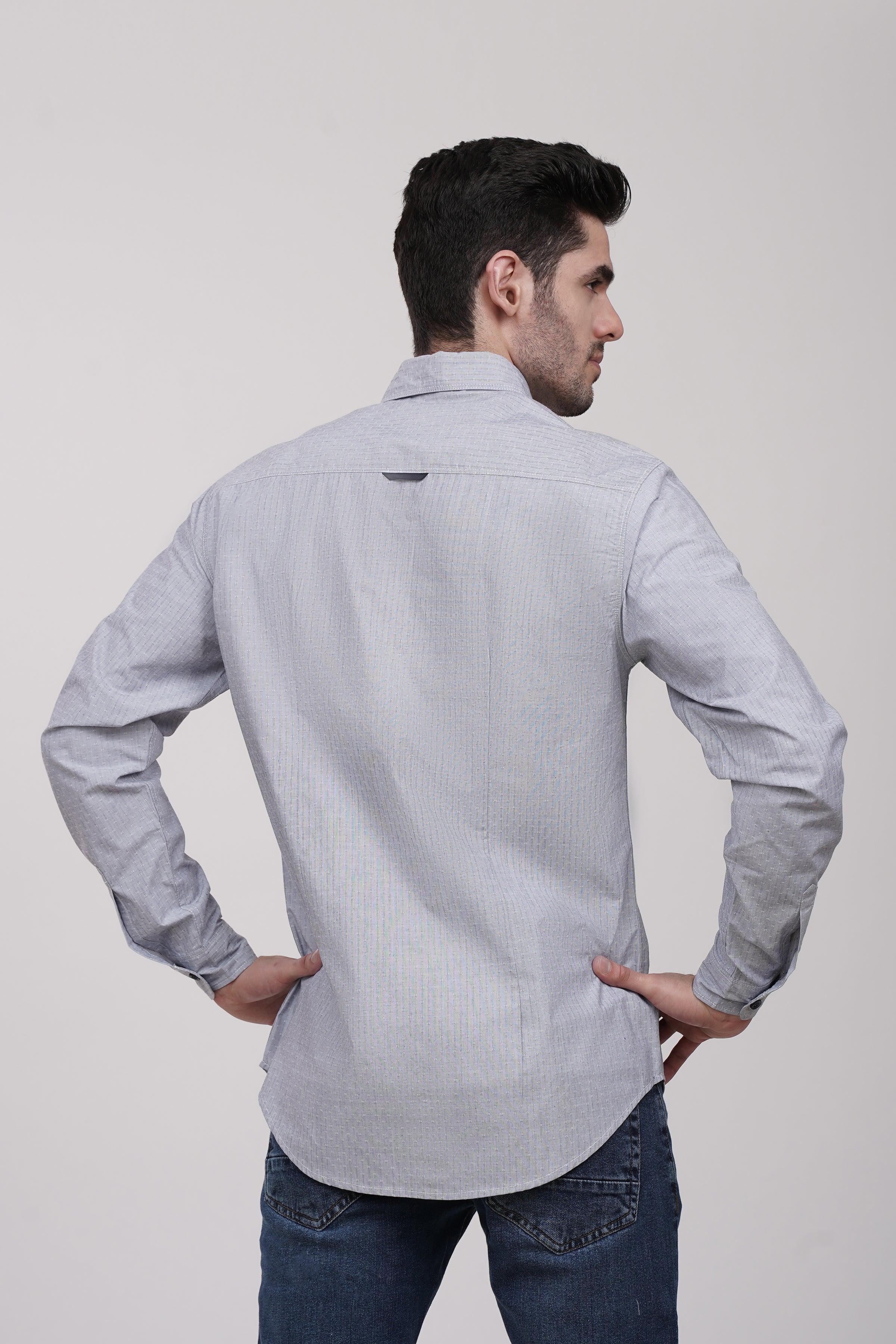 Grey casual button-up shirt, back view, long sleeves and curved hem