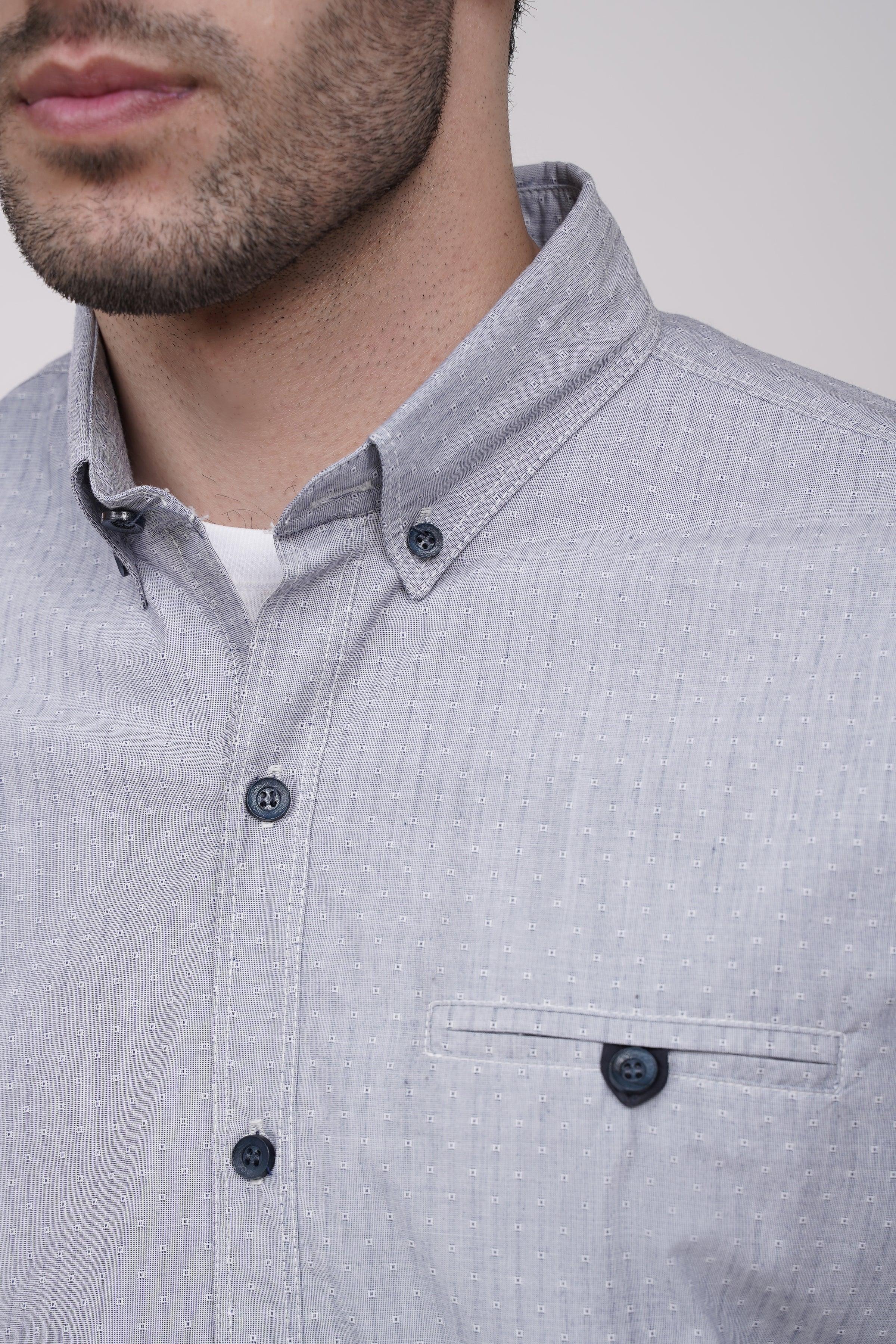 Grey casual button-up shirt close-up of collar and front buttons