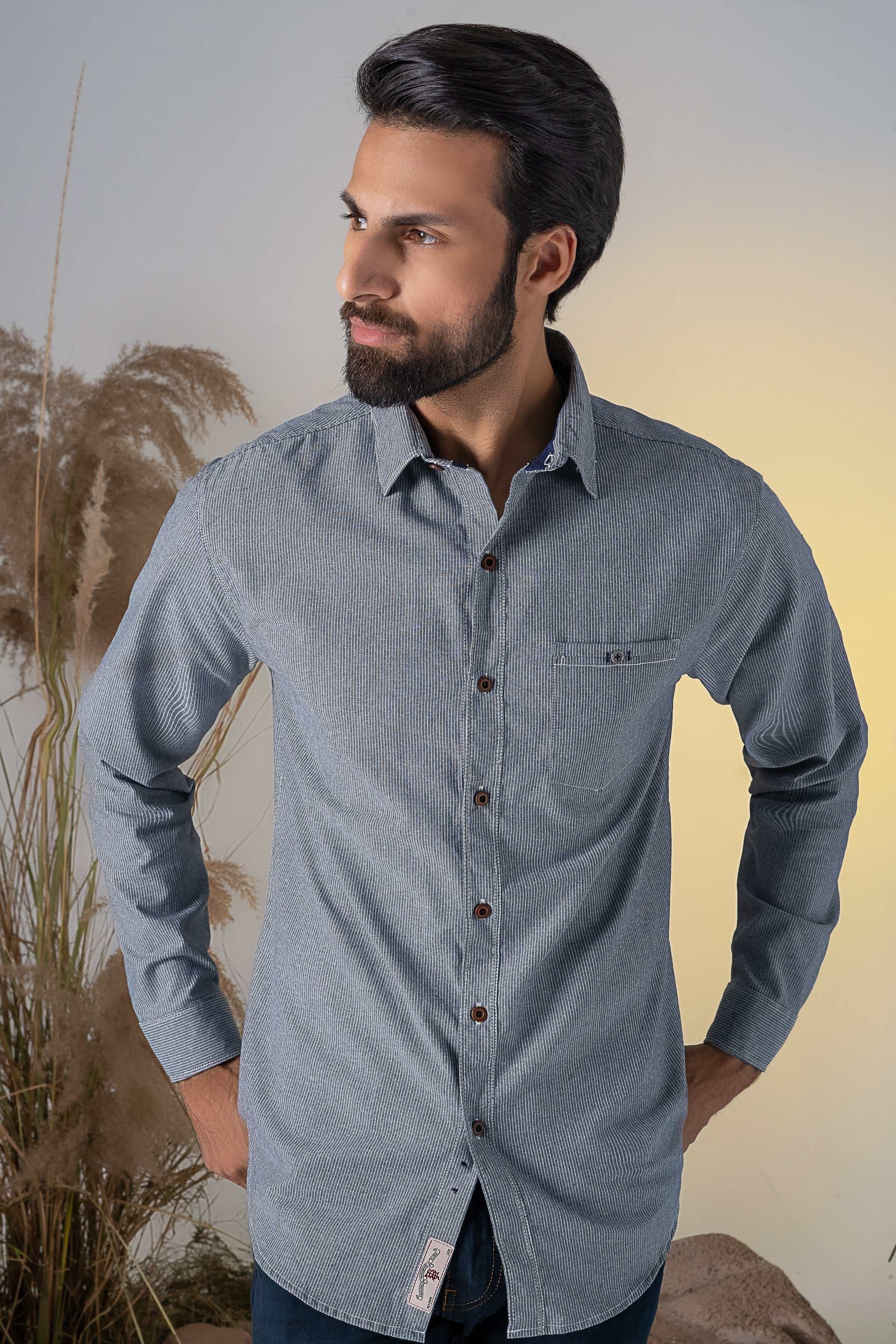 CASUAL SHIRT GREY STRIPES at Charcoal Clothing
