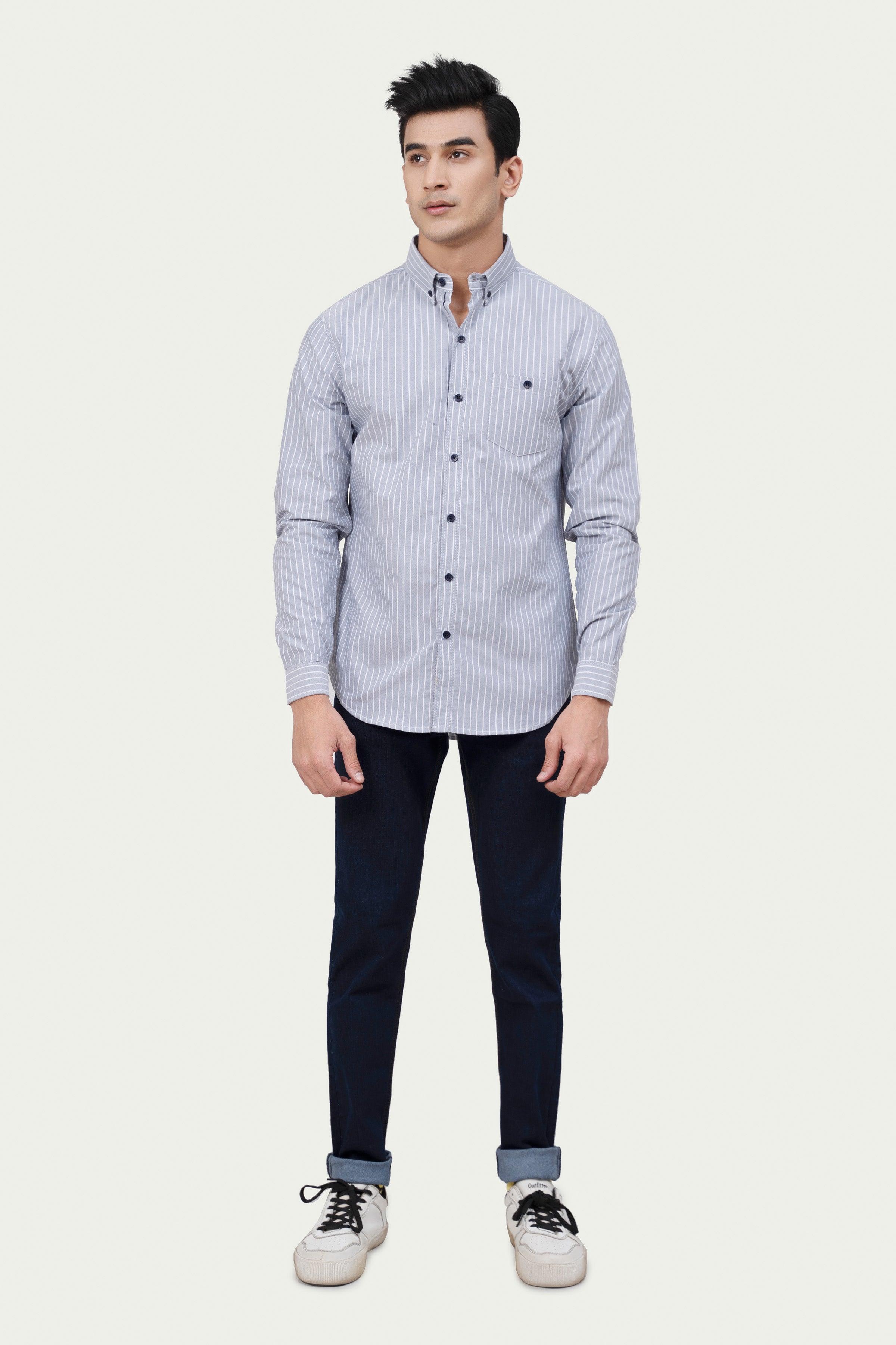CASUAL SHIRT GREY WHITE STRIPES at Charcoal Clothing
