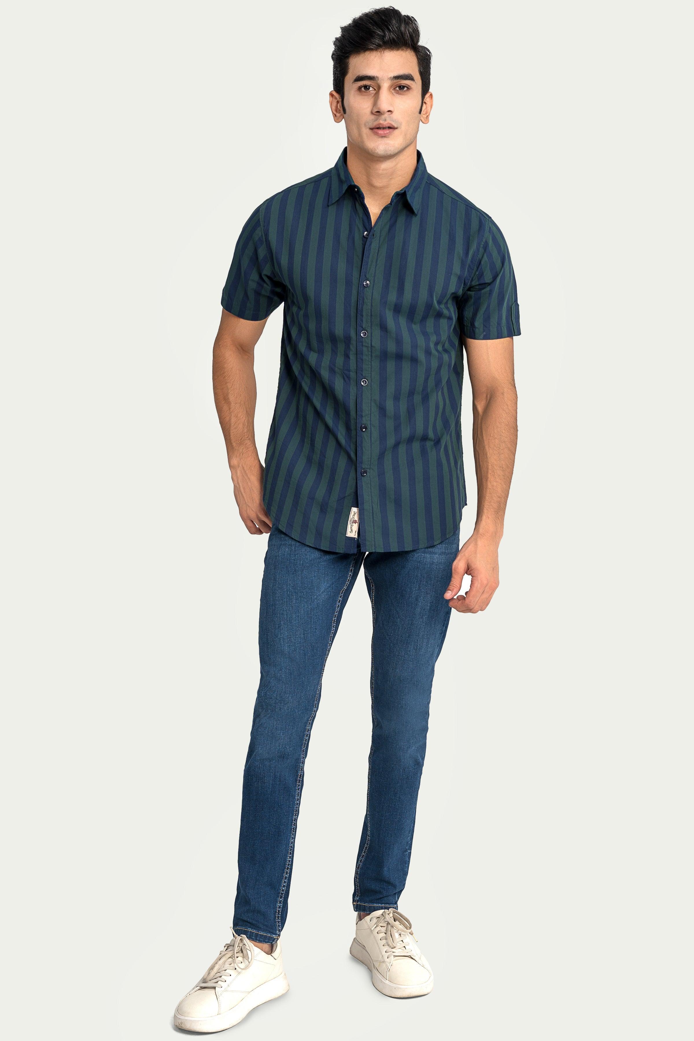 CASUAL SHIRT HALF SLEEVES NAVY GREEN STRIPES at Charcoal Clothing