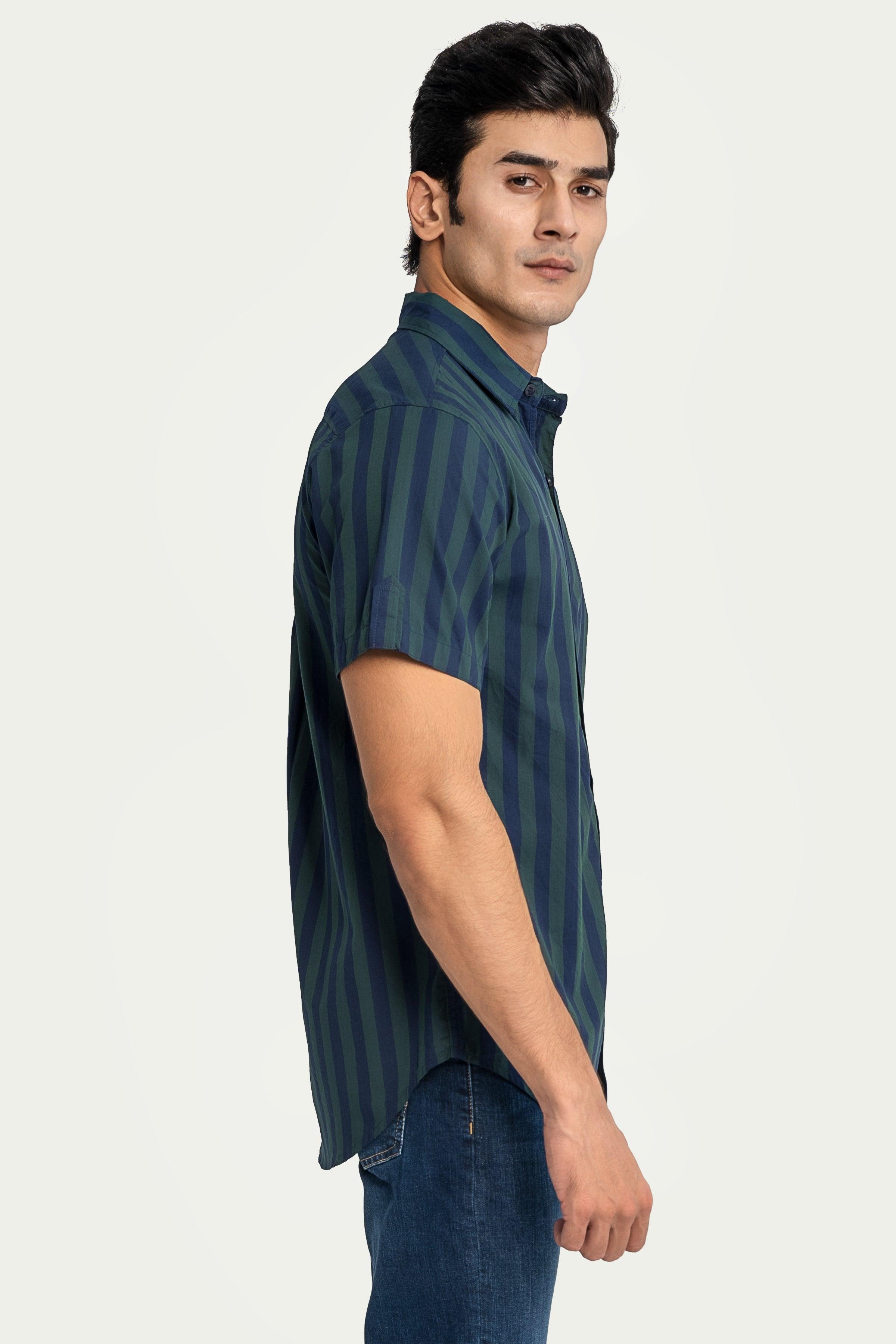 CASUAL SHIRT HALF SLEEVES NAVY GREEN STRIPES at Charcoal Clothing