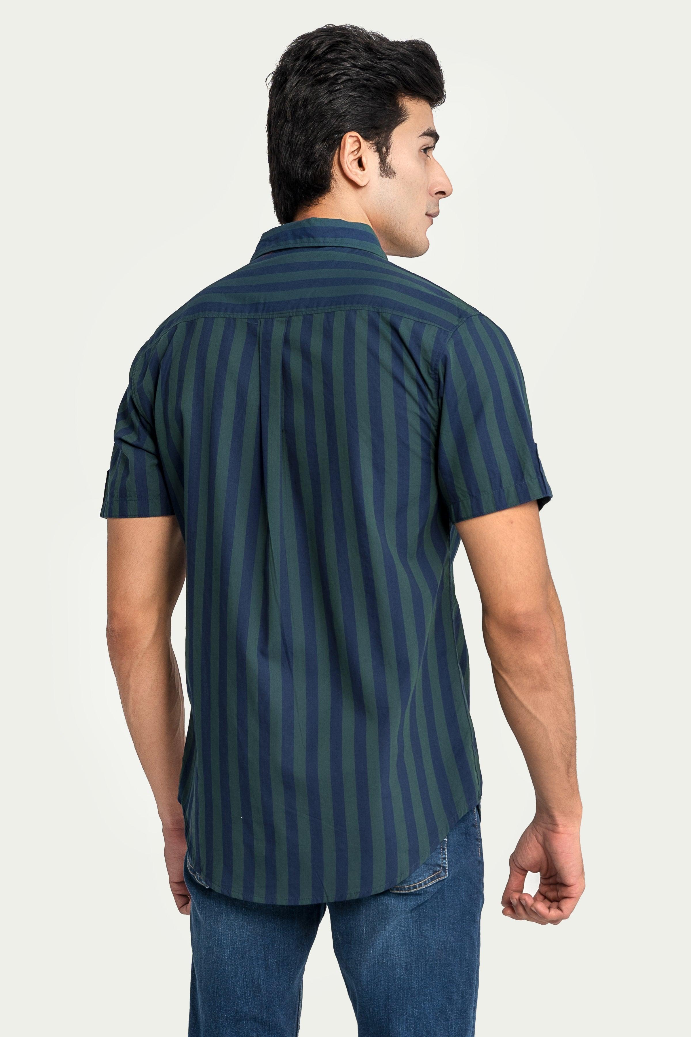 CASUAL SHIRT HALF SLEEVES NAVY GREEN STRIPES at Charcoal Clothing