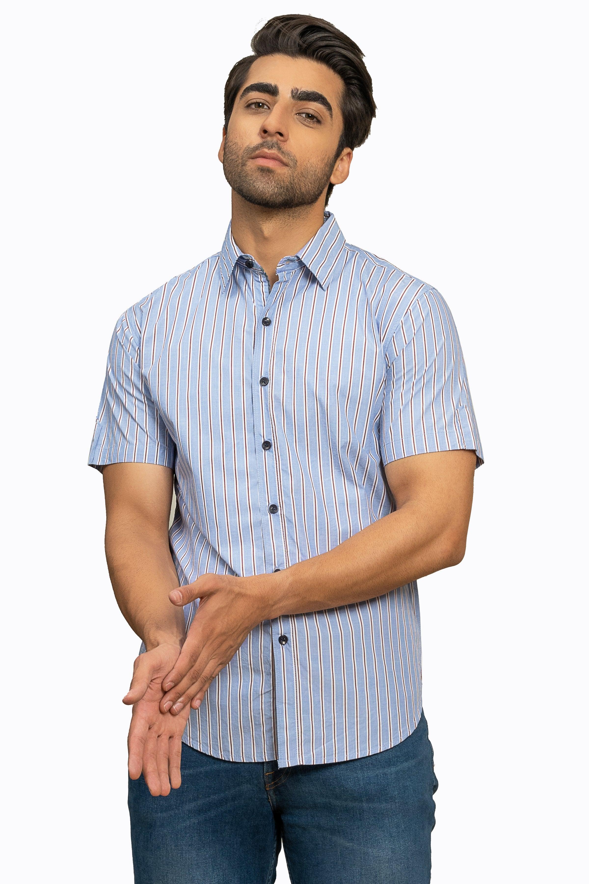CASUAL SHIRT HALF SLEEVES SKY WHITE LINE at Charcoal Clothing