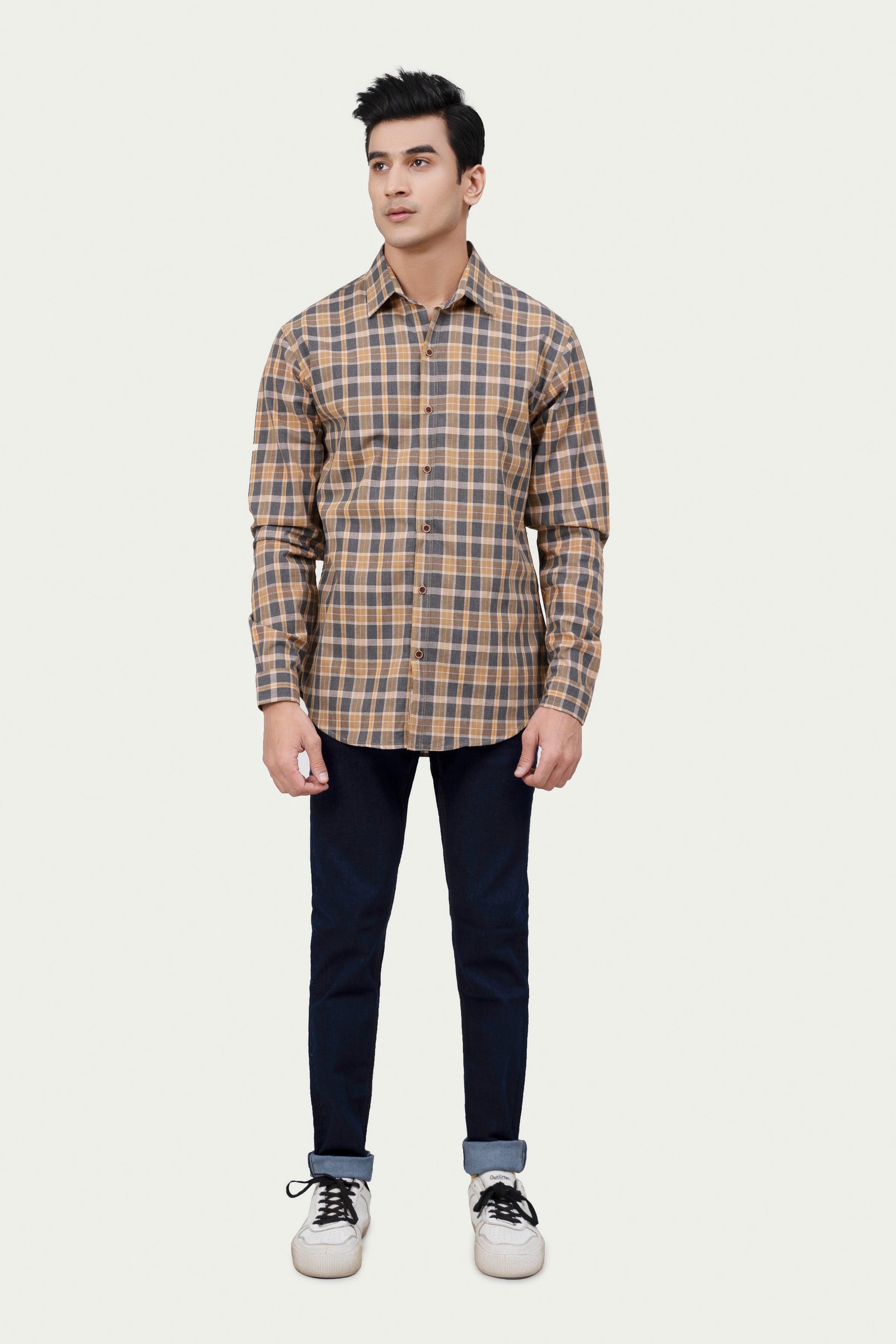 CASUAL SHIRT KHAKI CHECK at Charcoal Clothing