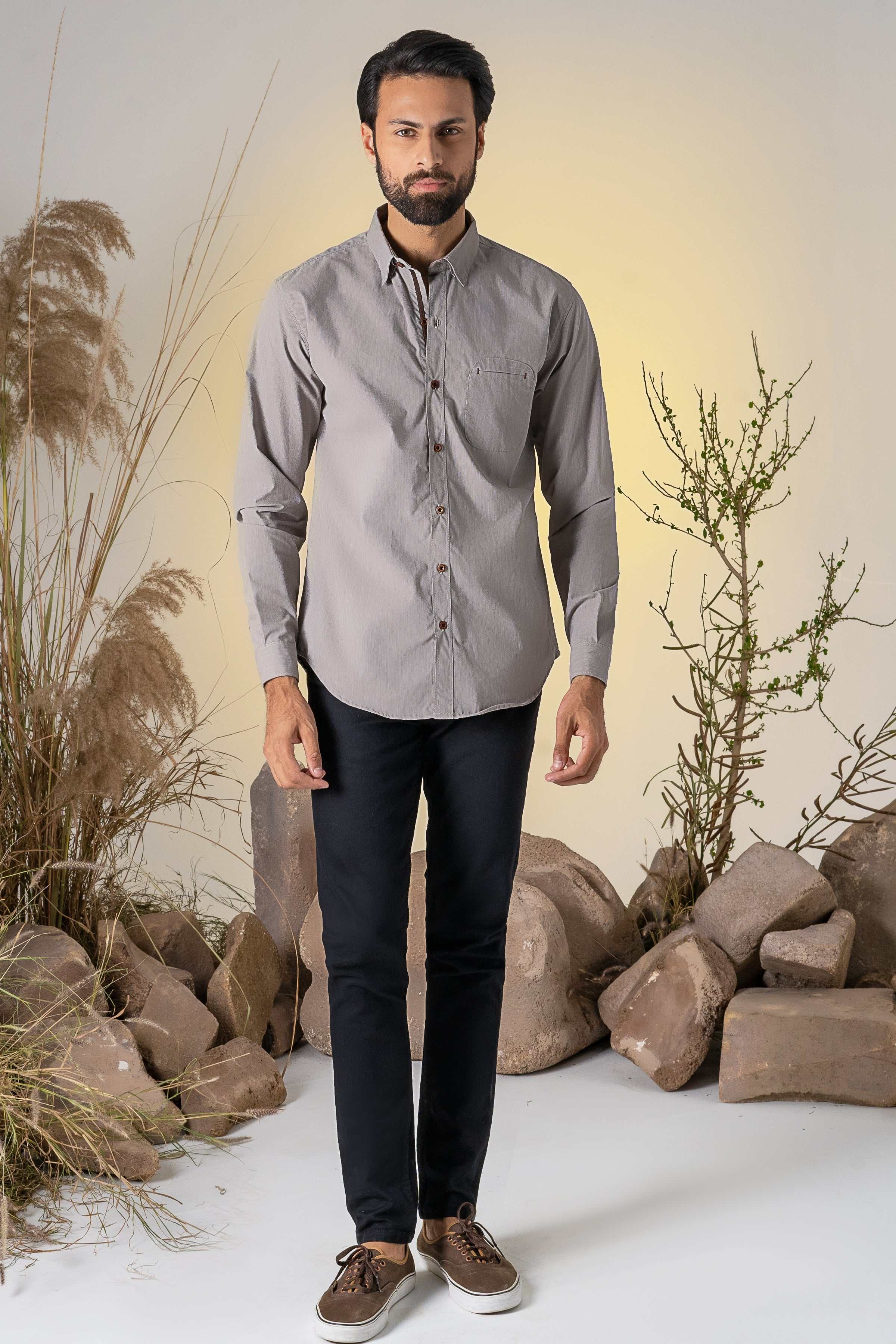CASUAL SHIRT KHAKI STRIPES at Charcoal Clothing