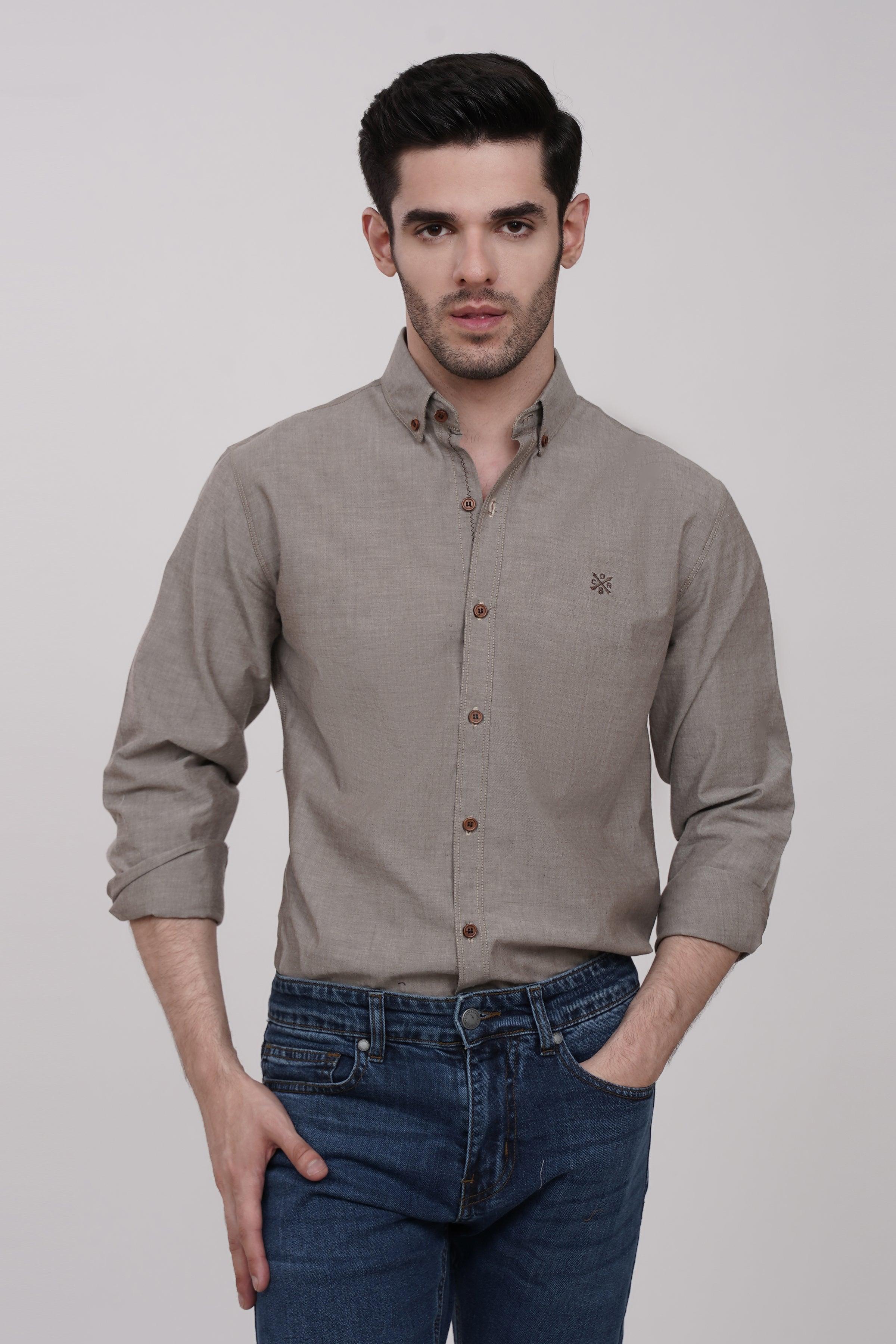 Khaki button-up shirt with stand collar and small chest logo