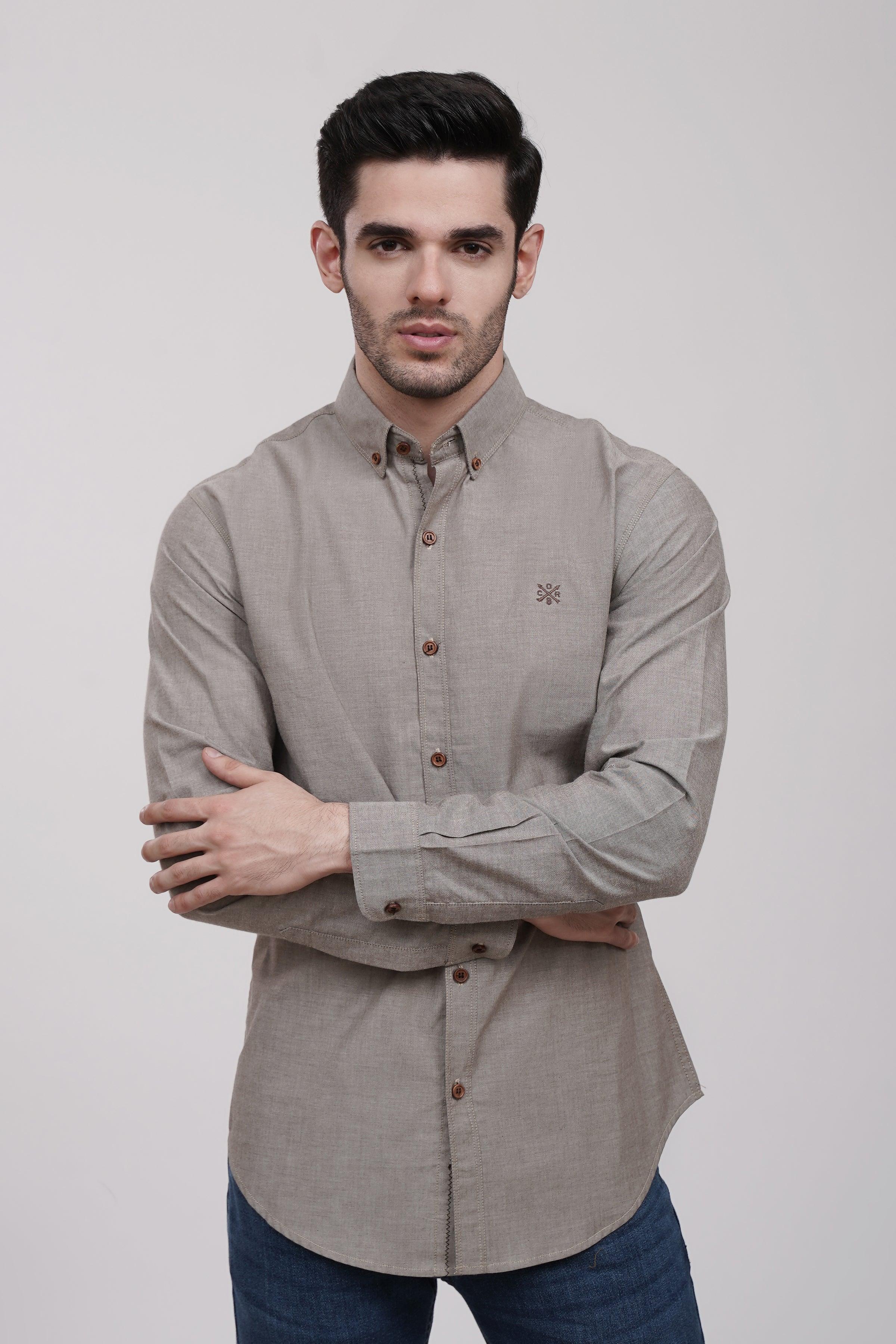 Khaki button-up casual shirt with button placket and stand collar, long sleeves