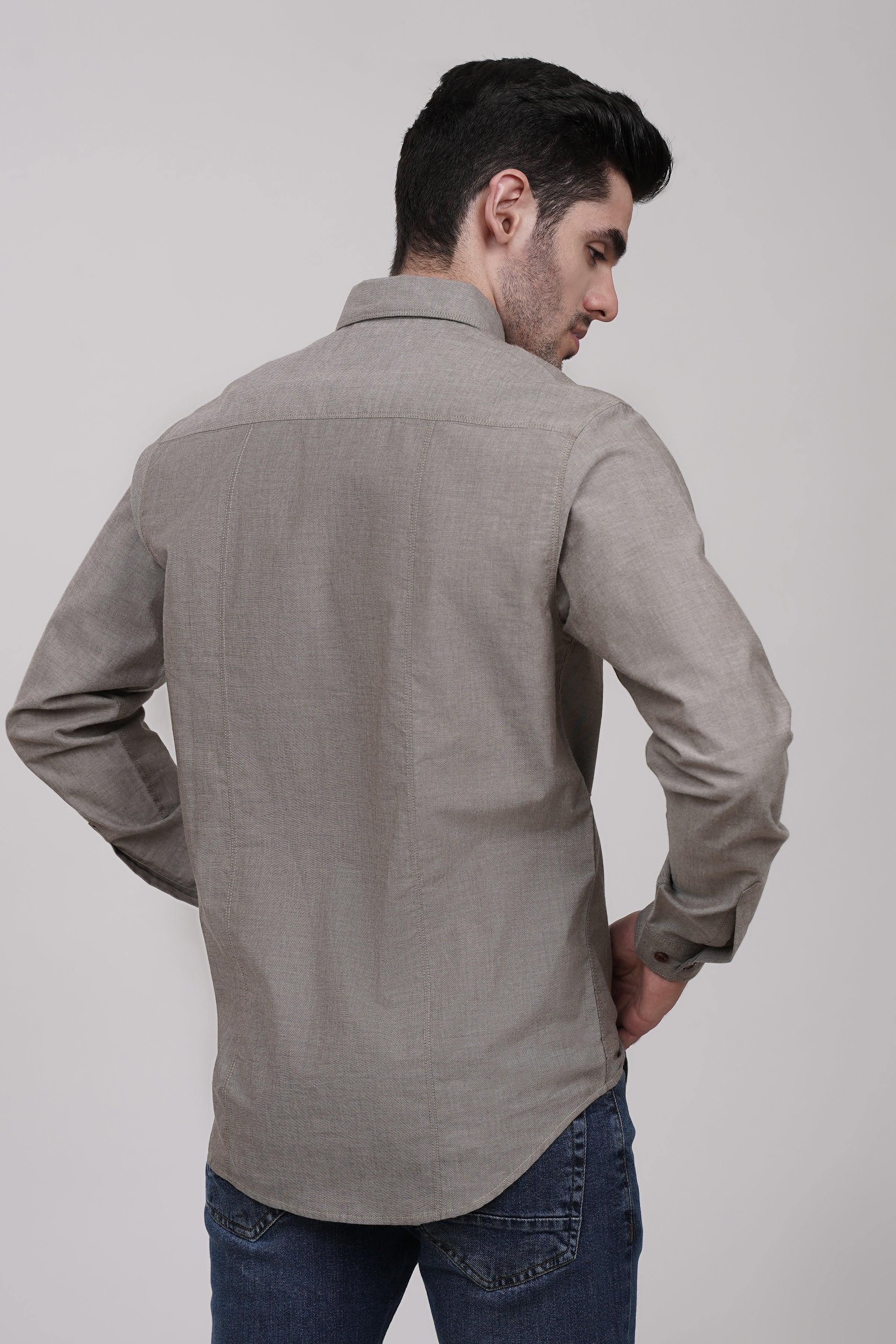 Khaki button-up shirt with back view and long sleeves, buttoned cuffs