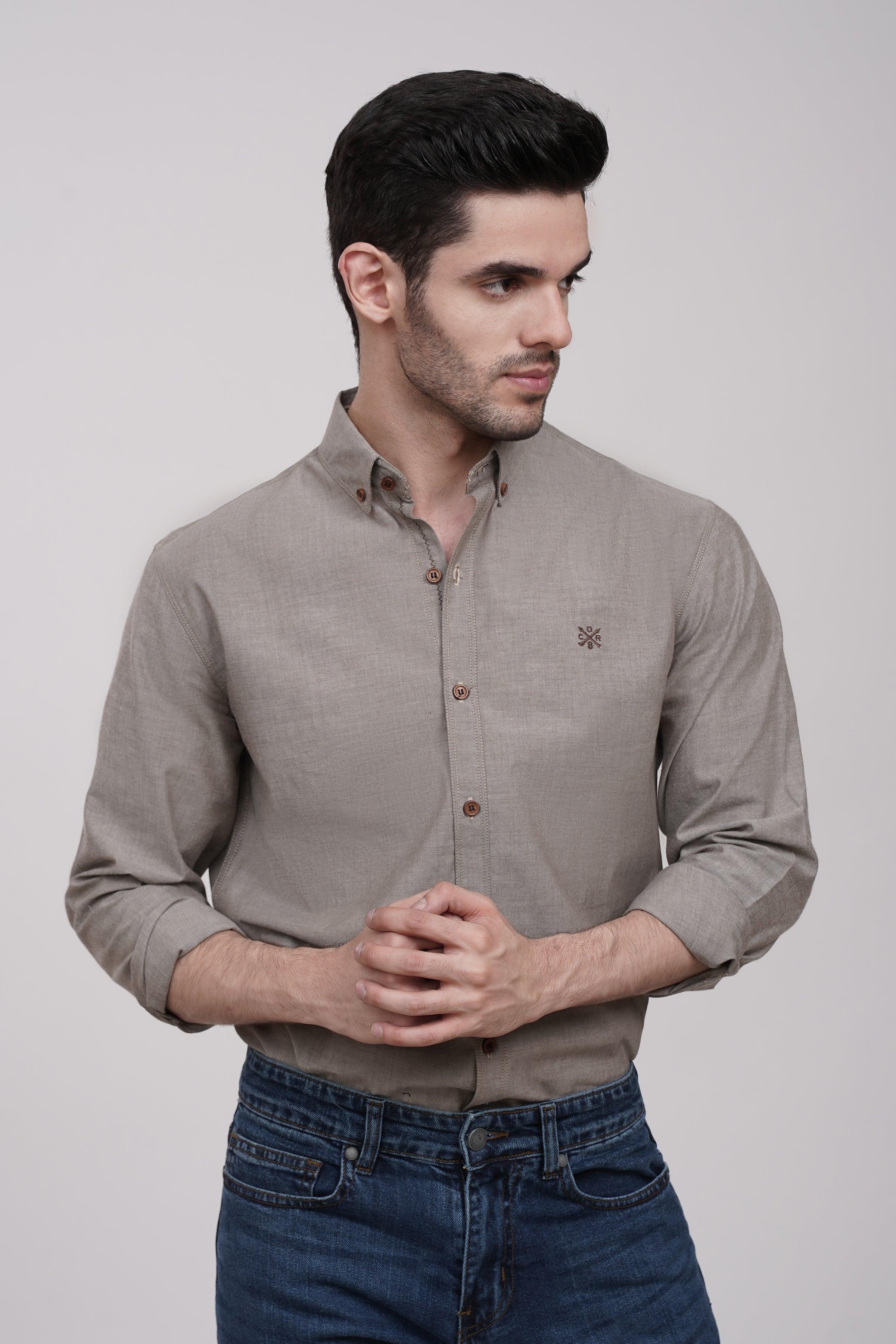 Khaki button-up shirt with stand collar and small chest logo