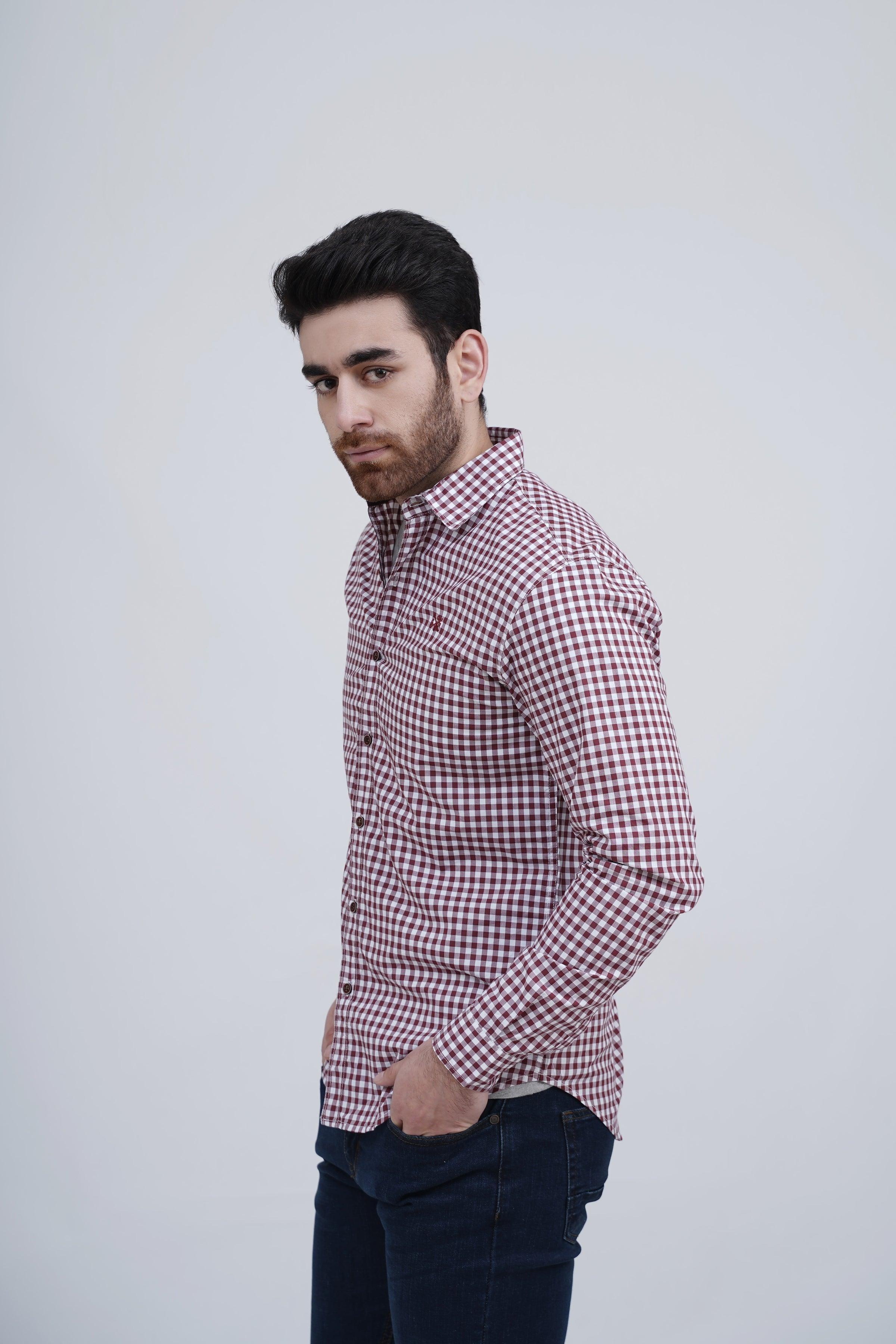 CASUAL SHIRT MAROON CHECK at Charcoal Clothing