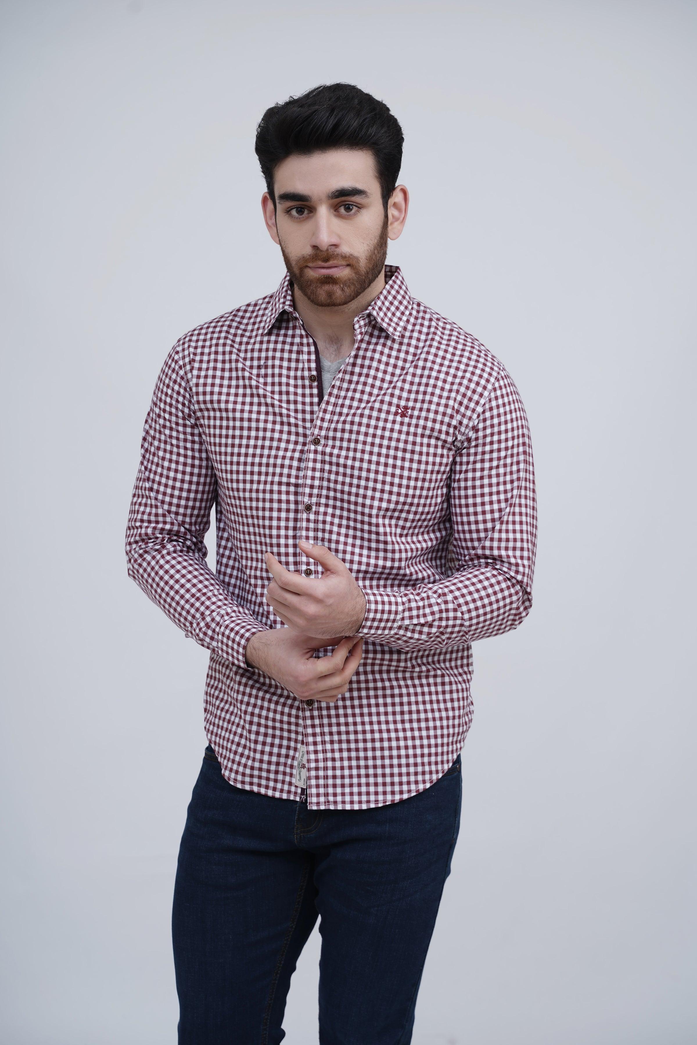 CASUAL SHIRT MAROON CHECK at Charcoal Clothing