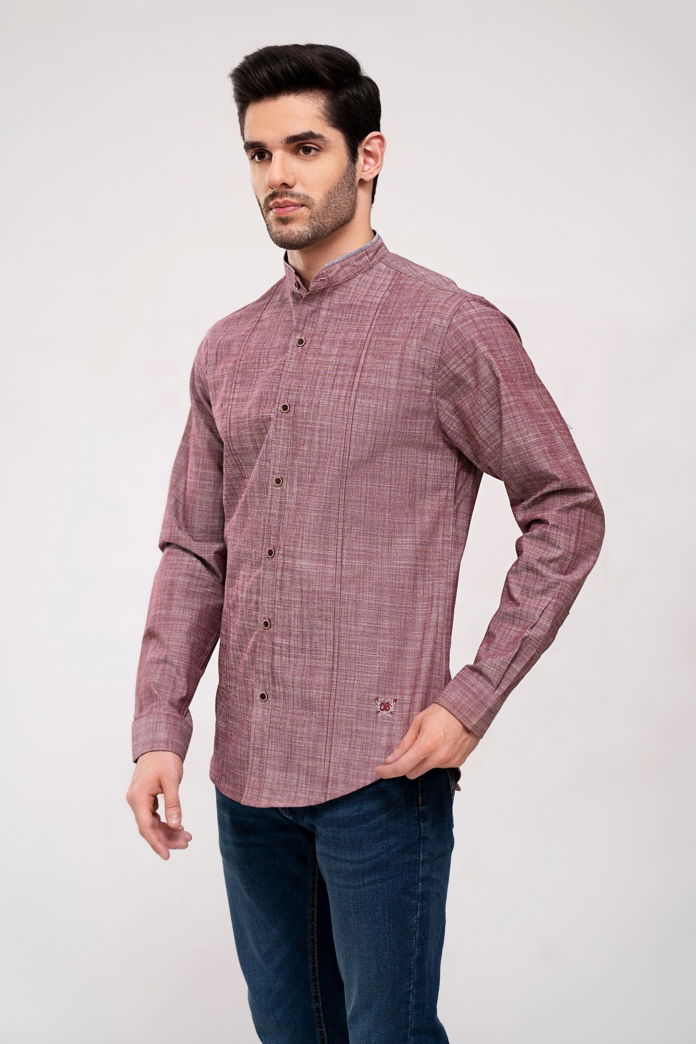 Maroon casual button-up shirt with long sleeves and pointed collar