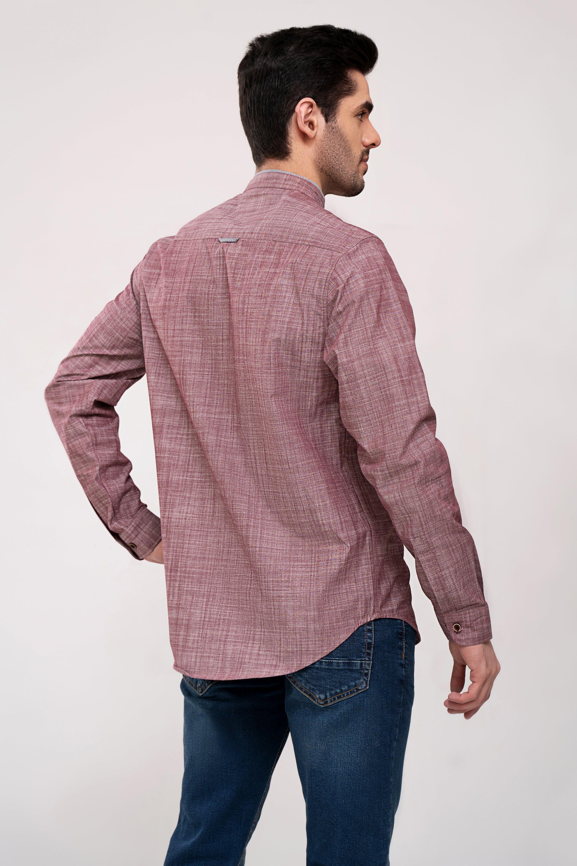 Maroon casual shirt viewed from the back, long sleeves and collar