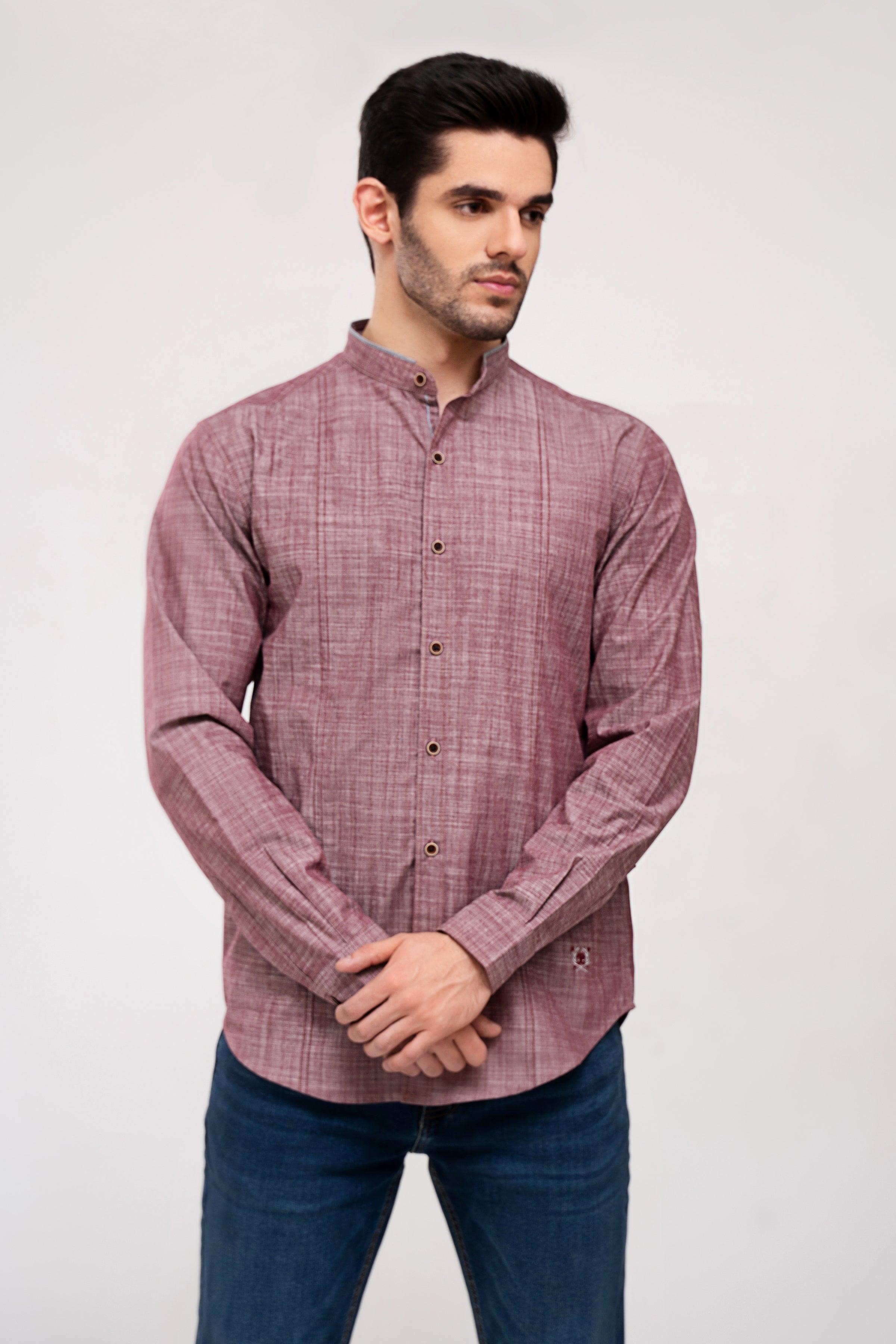 Maroon casual button-up shirt, long sleeves, front button placket