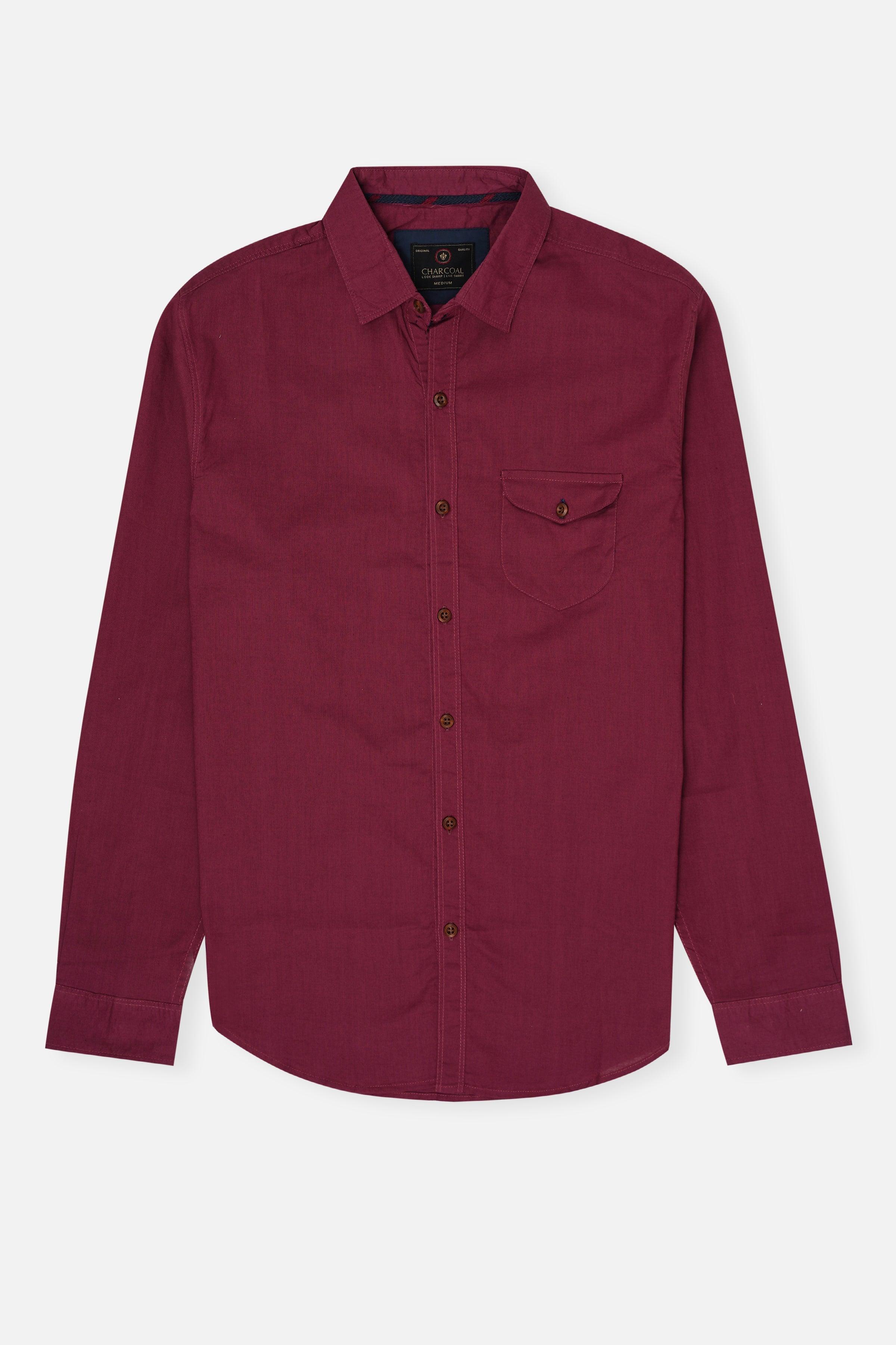 Maroon casual button-up shirt with pointed collar and chest pocket