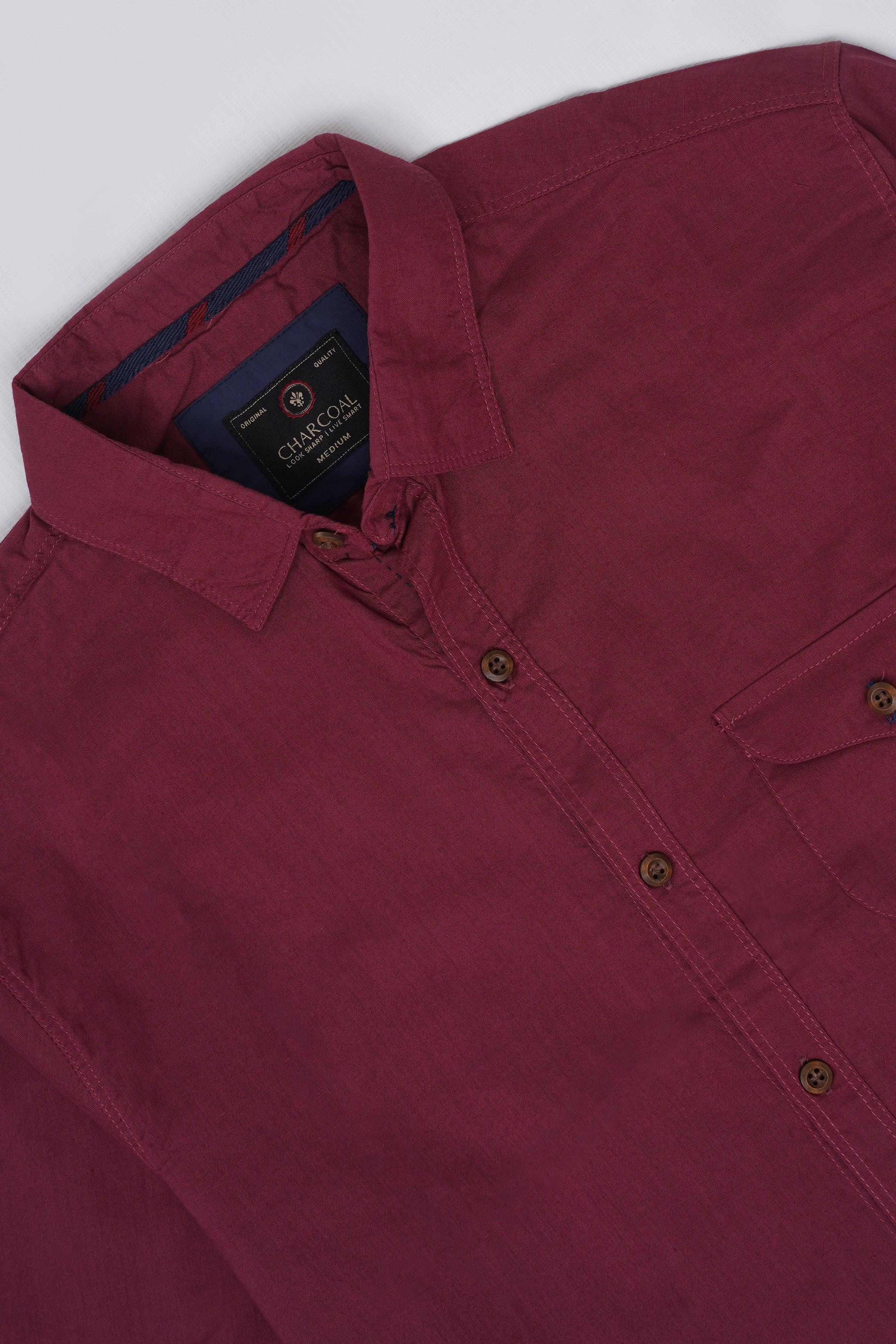 Maroon casual shirt collar detail with inner neck tag and sleeve cuff