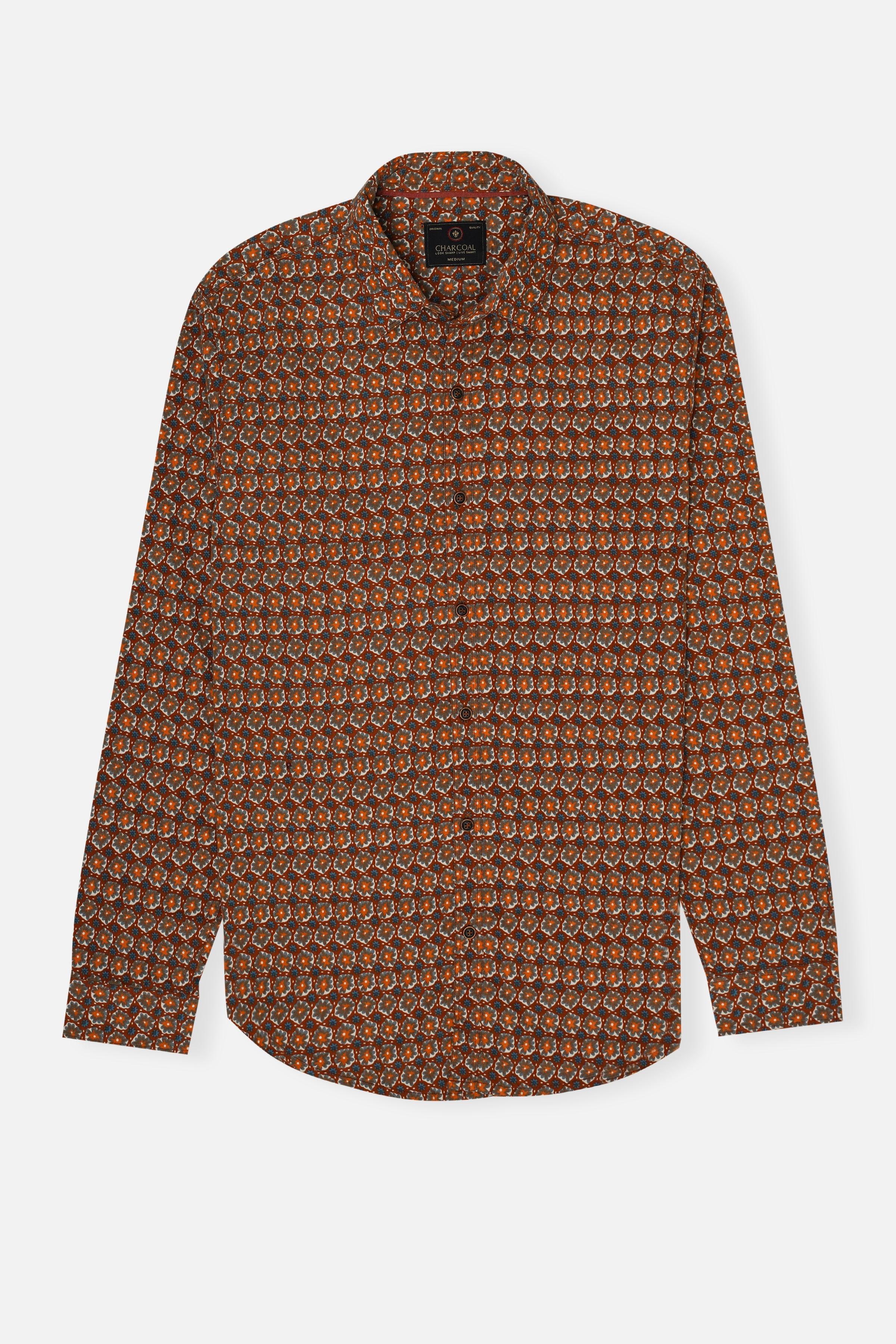 Casual shirt with long sleeves and button front, multi-color geometric pattern
