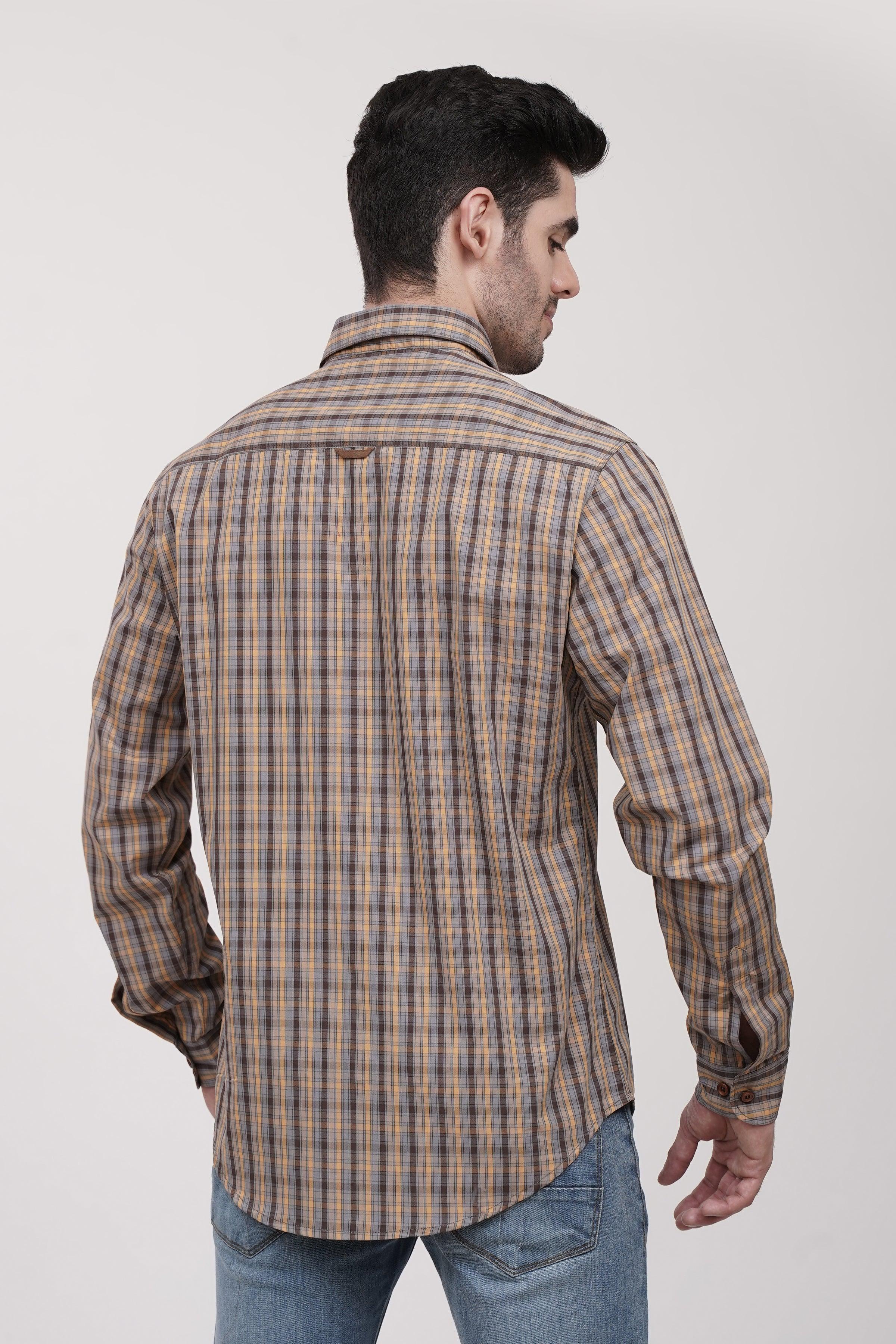 Plaid button-up casual shirt with long sleeves, brown and blue plaid (back view).