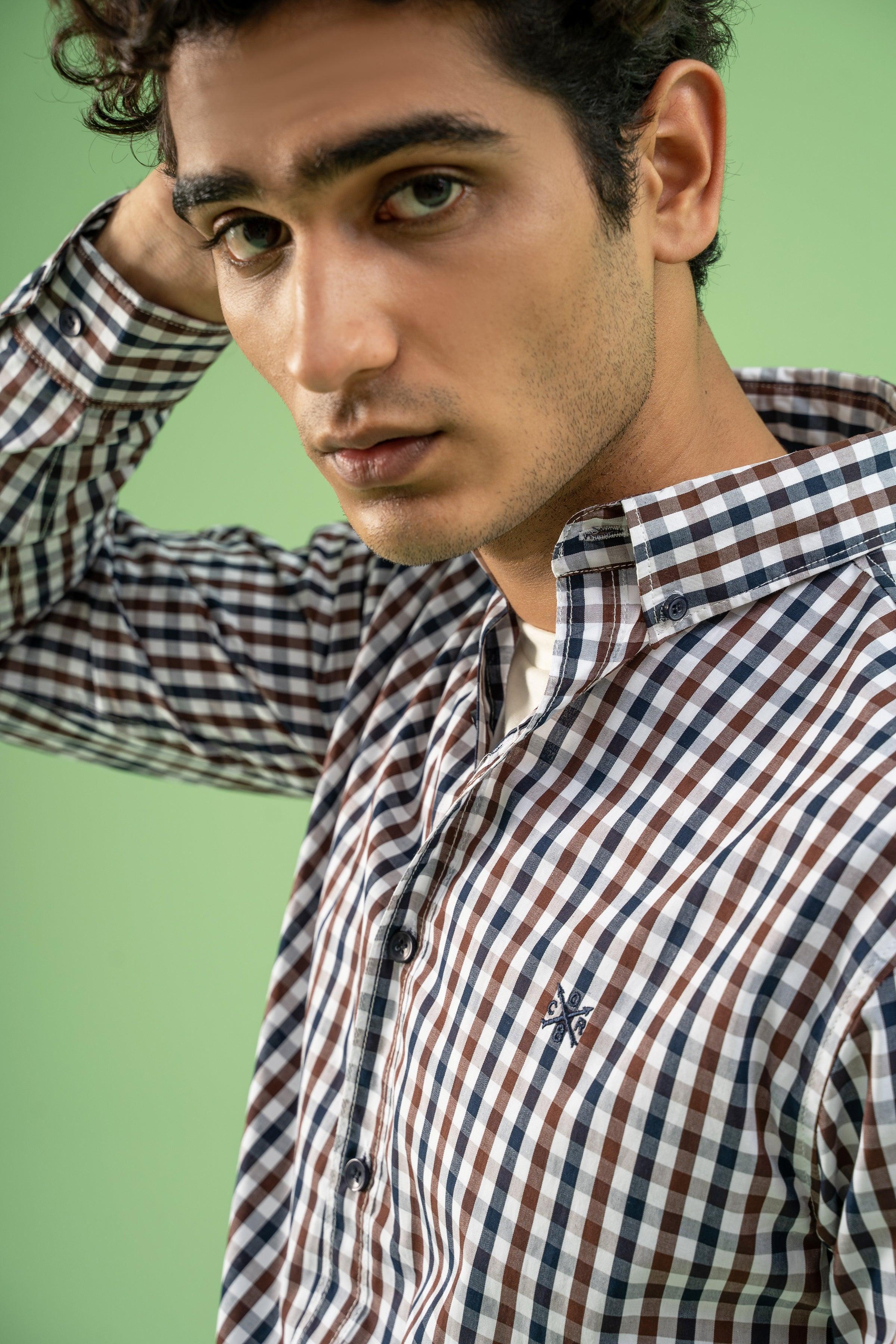 CASUAL SHIRT NAVY BROWN at Charcoal Clothing