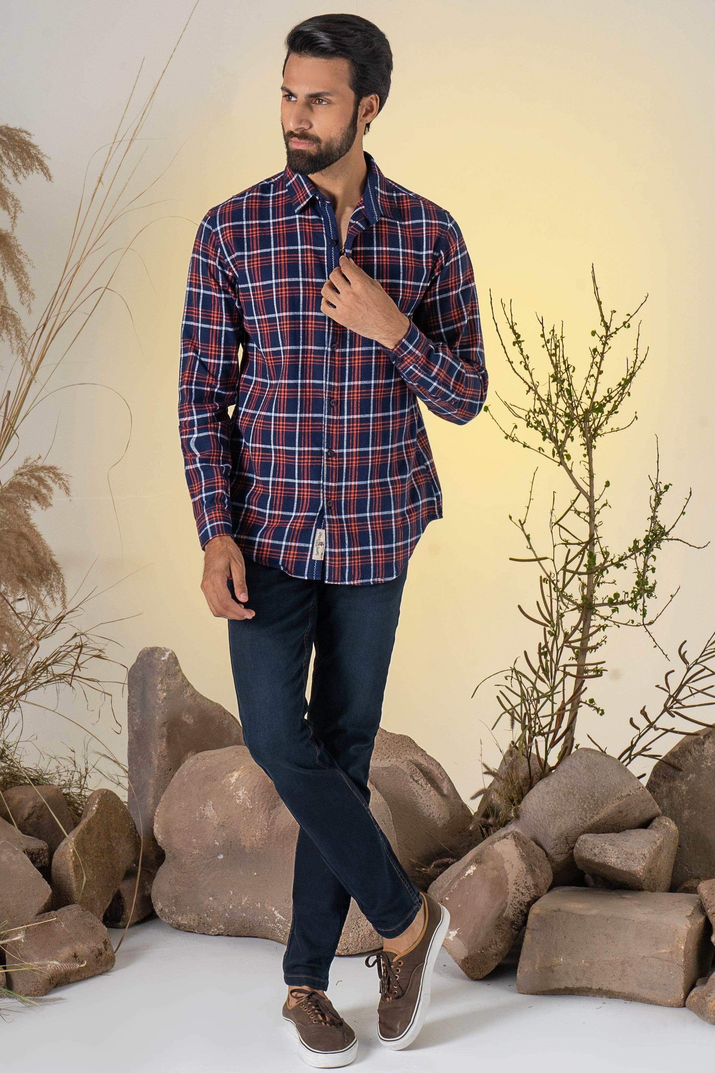 CASUAL SHIRT NAVY CHECK at Charcoal Clothing