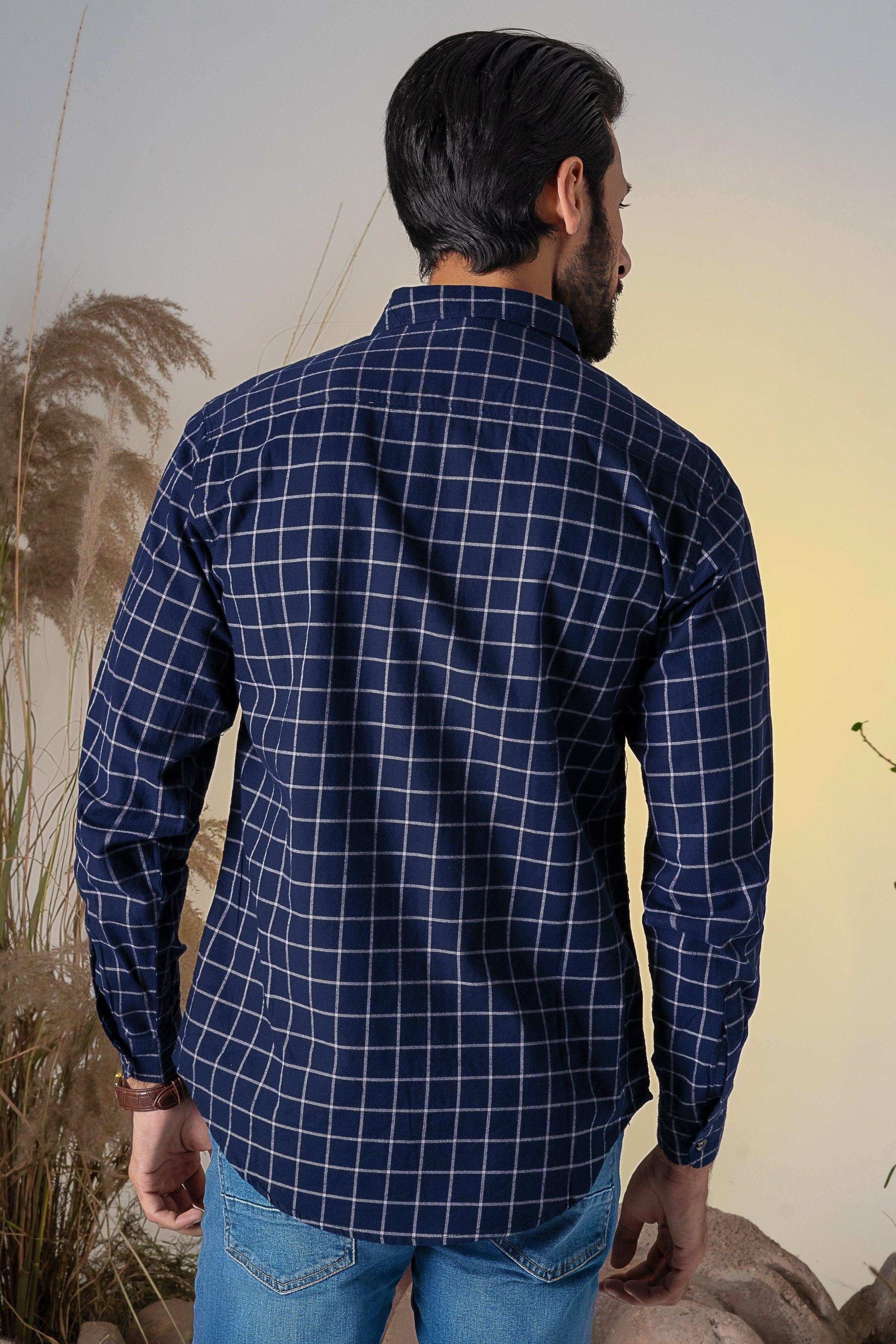 Men's casual navy check shirt, back view with long sleeves