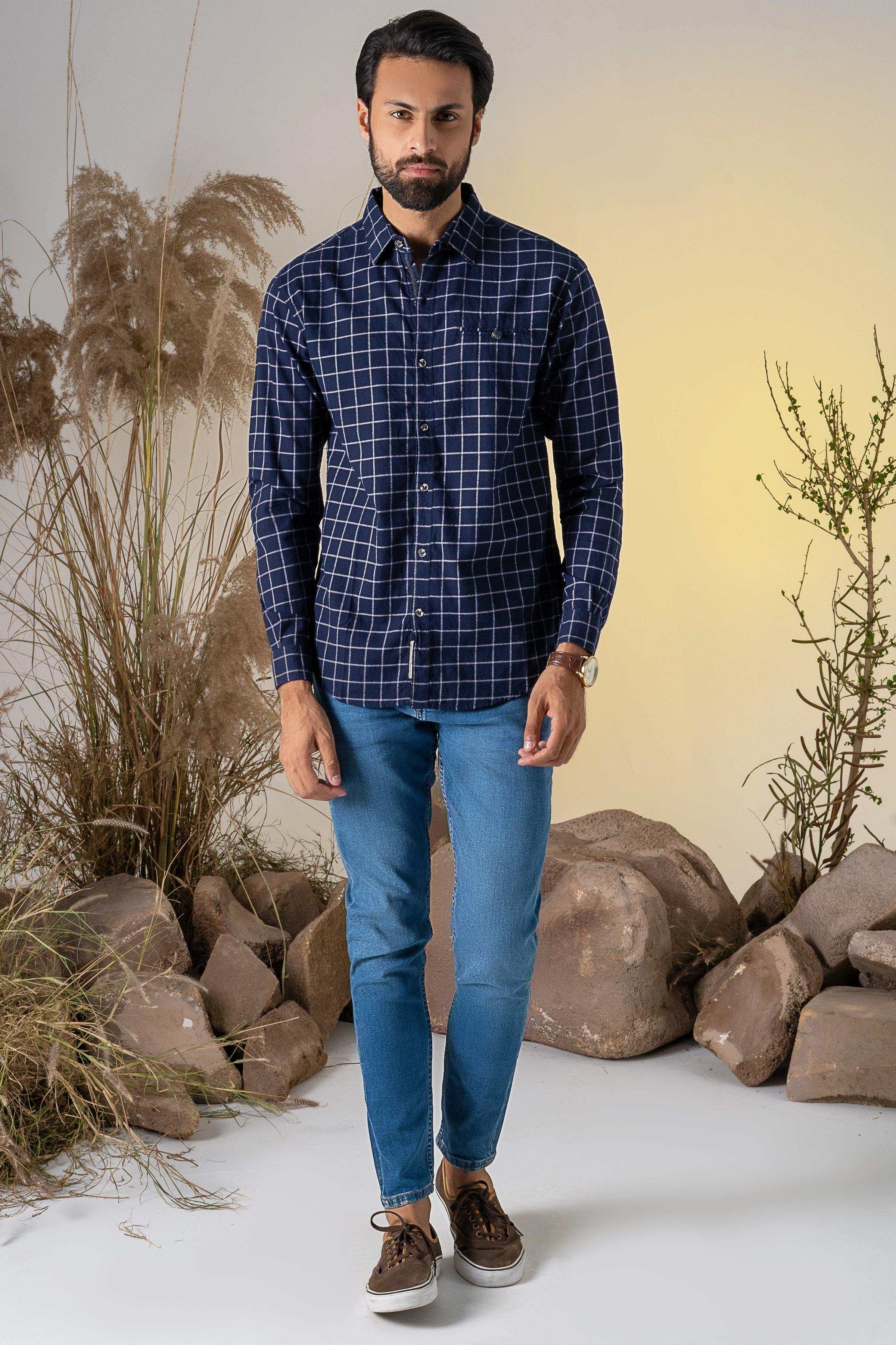 CASUAL SHIRT NAVY CHECK at Charcoal Clothing