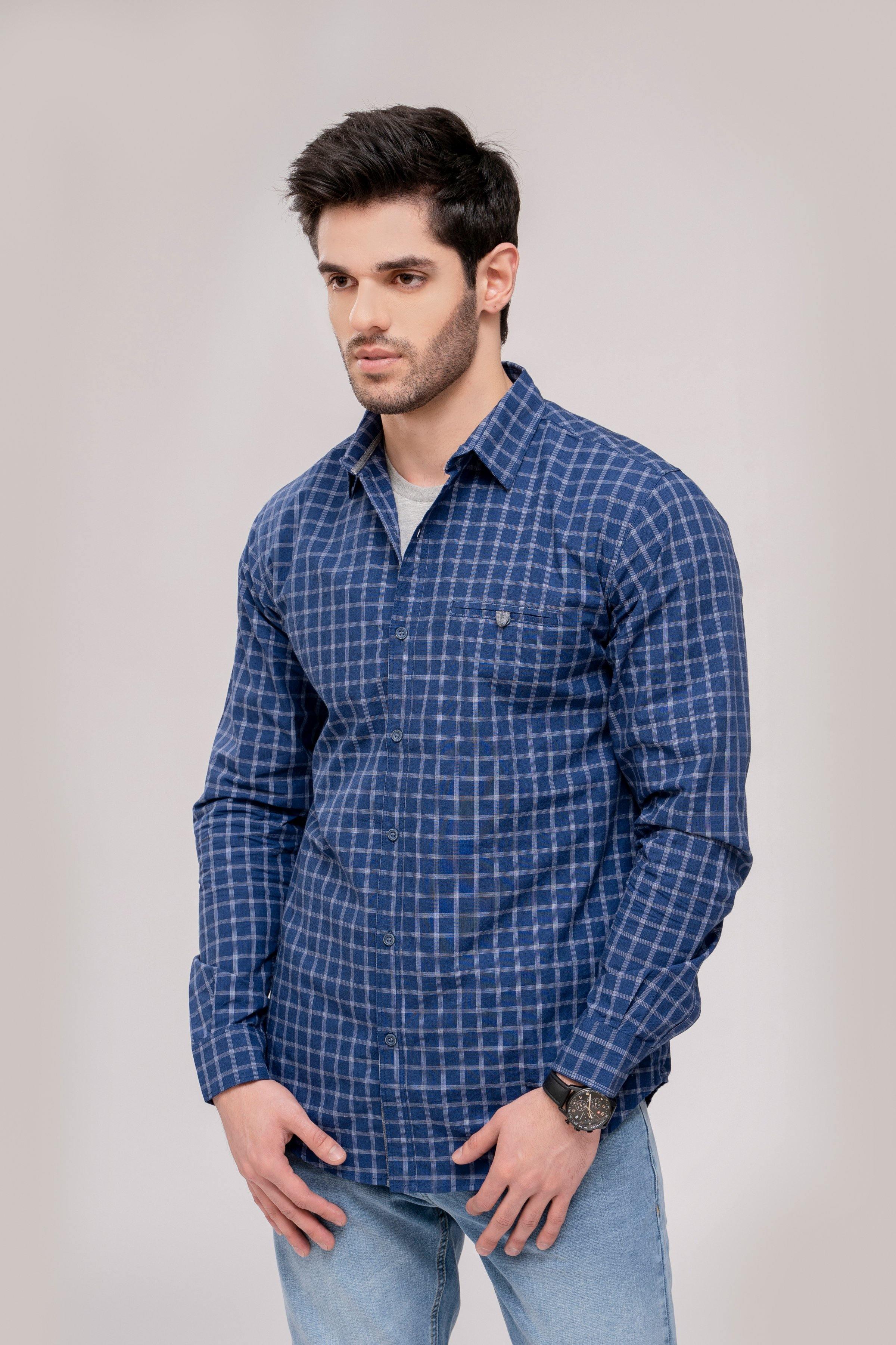 Men's navy check casual shirt with button front and long sleeves