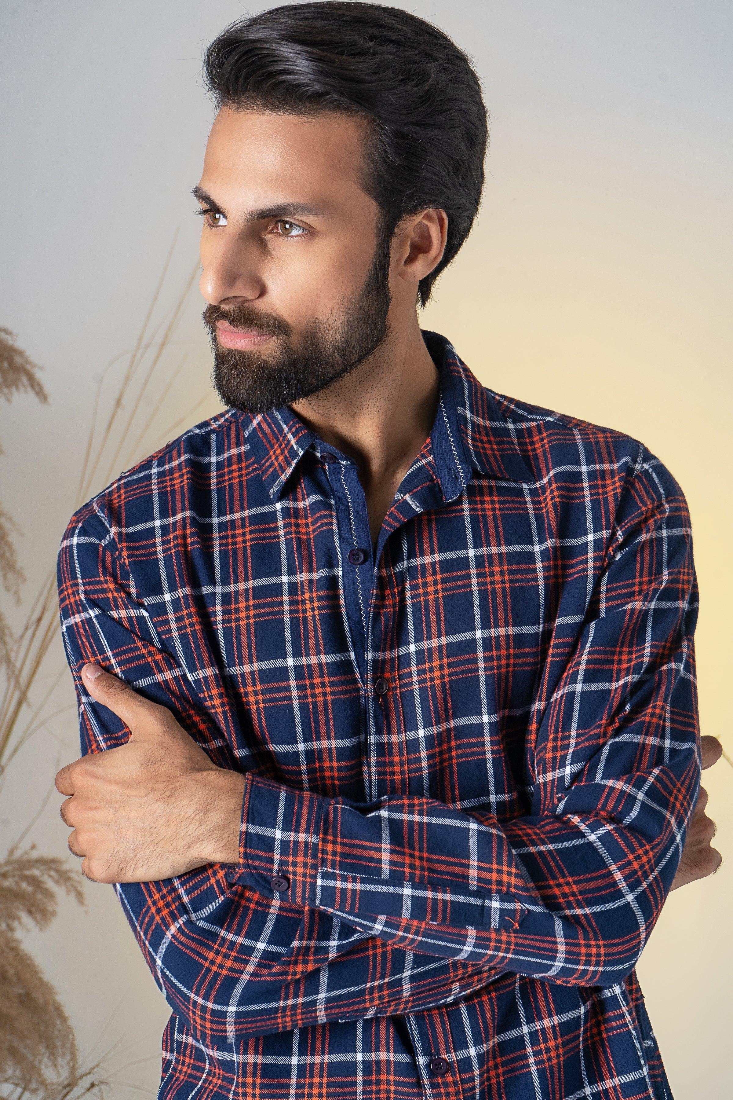 CASUAL SHIRT NAVY CHECK at Charcoal Clothing