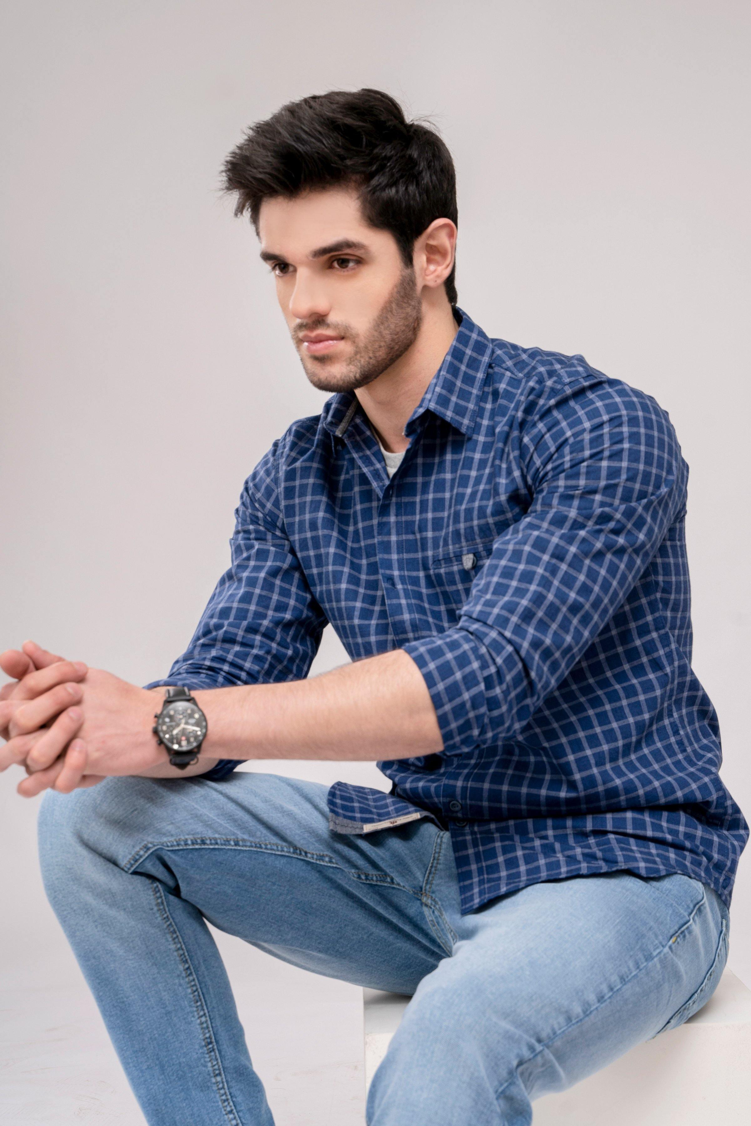 Men's navy check button-down shirt, front view with long sleeves
