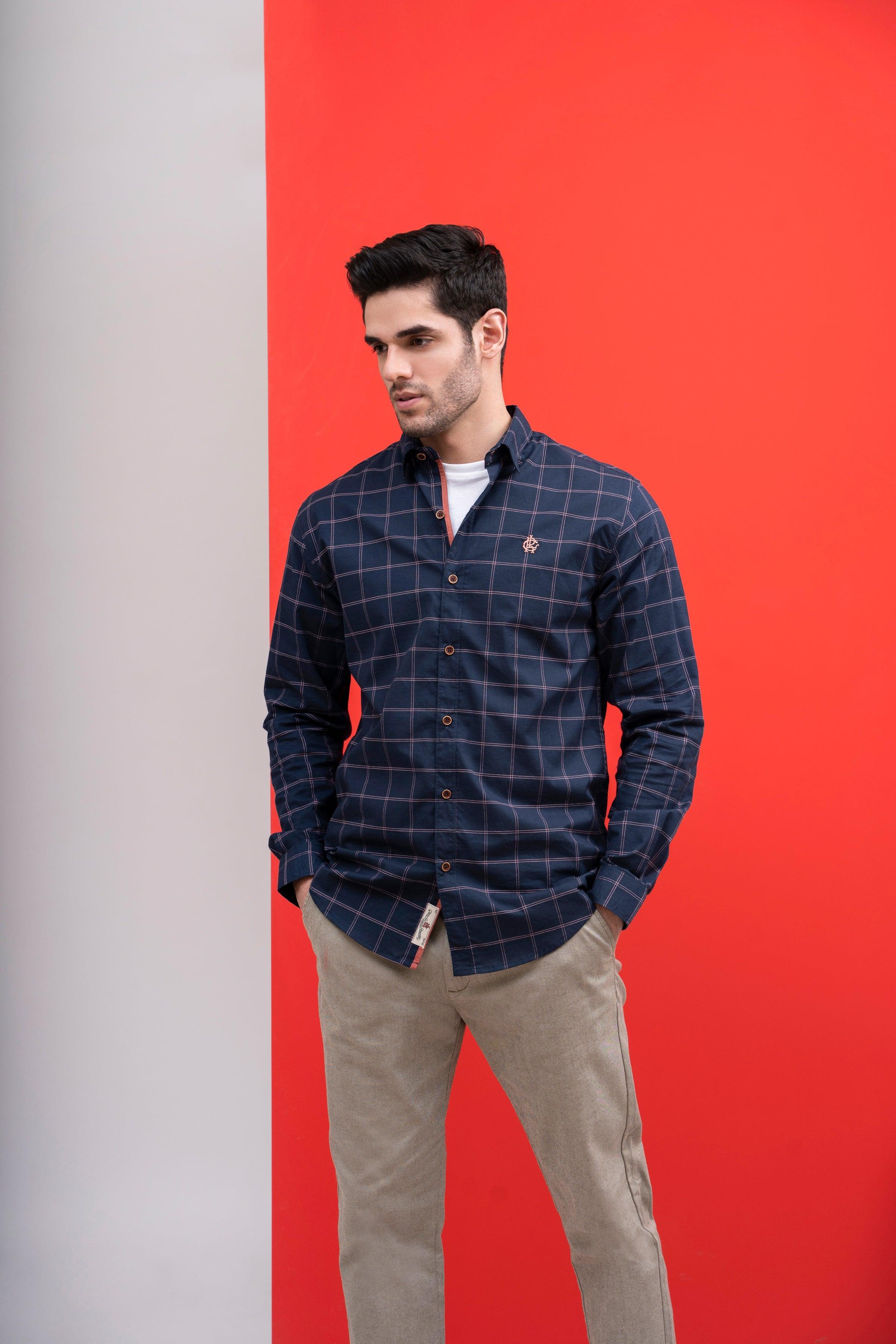 Navy check casual button-up shirt with long sleeves and collar, full front view