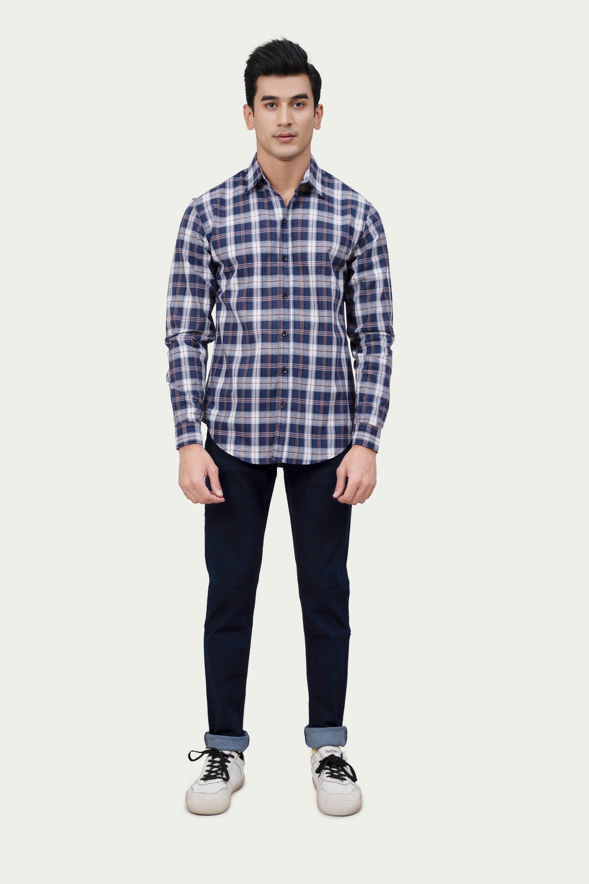 CASUAL SHIRT NAVY CHECK at Charcoal Clothing
