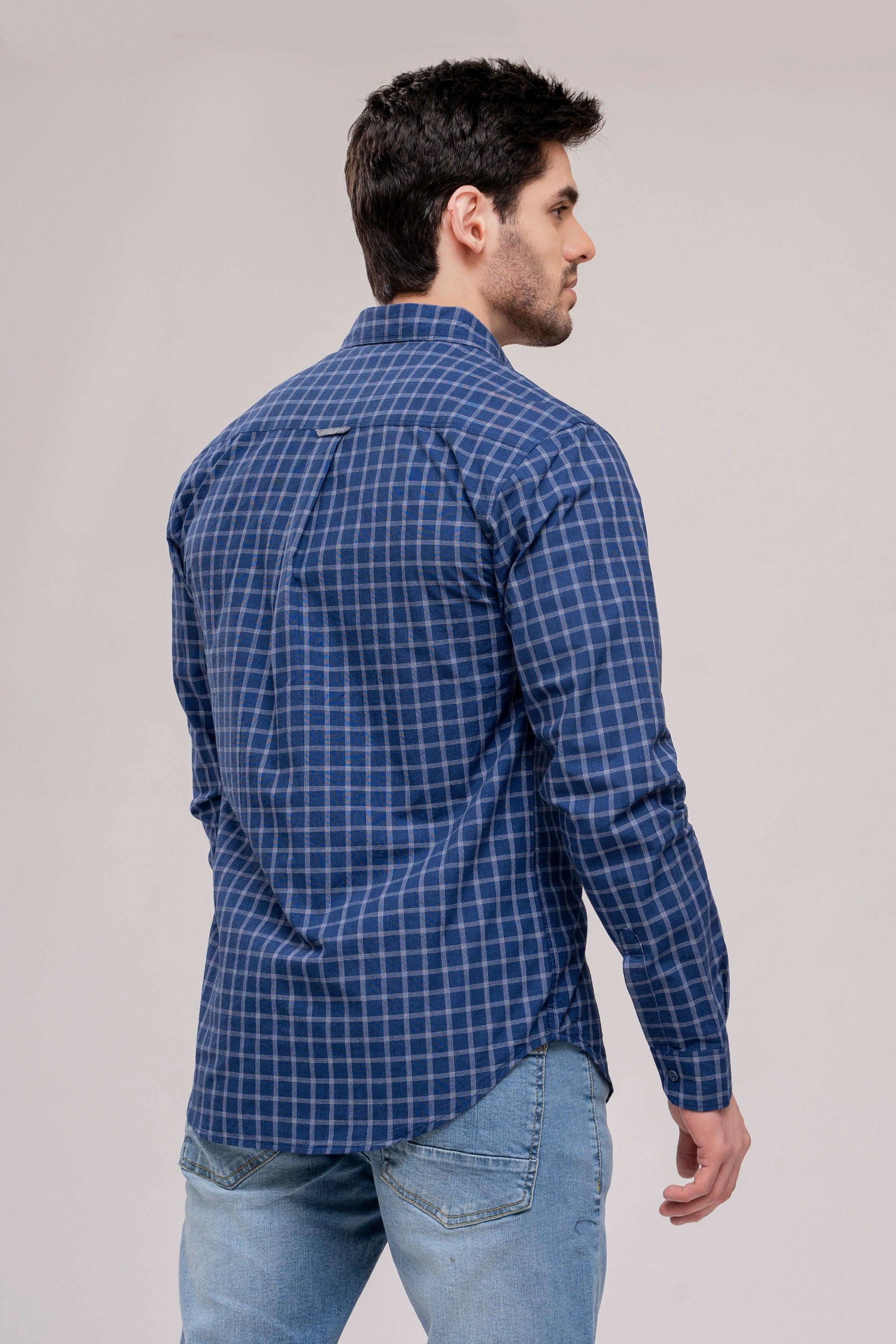Men's navy check casual shirt, back view with yoke and collar