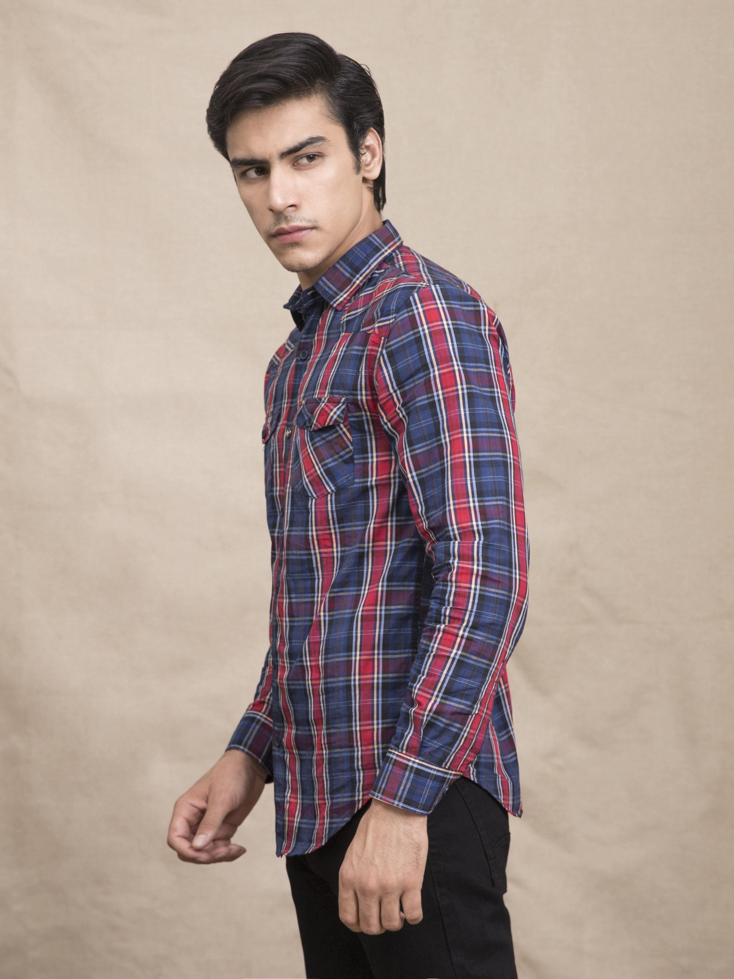 Navy plaid button-up casual shirt, long sleeves, side view, buttoned cuffs