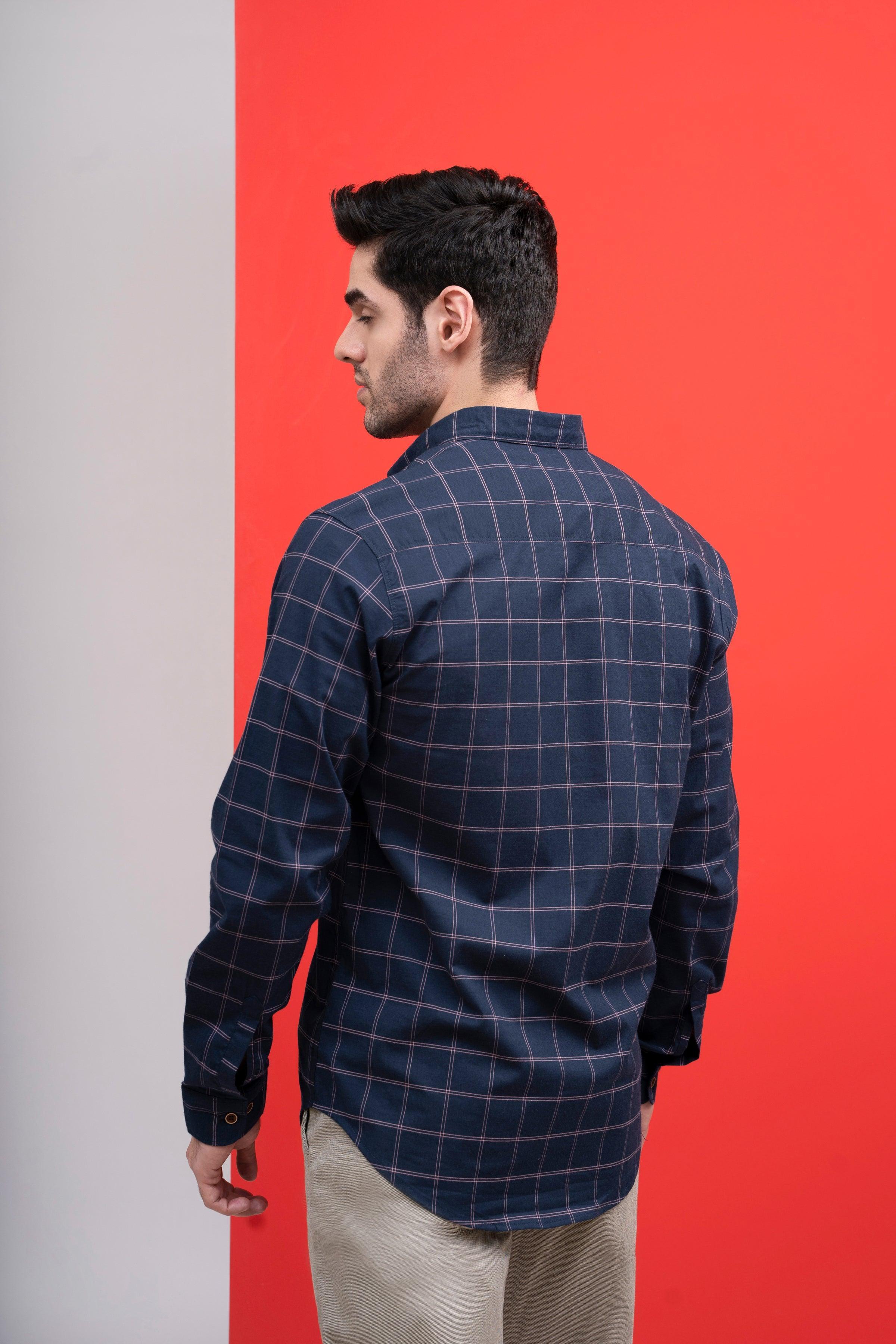 Navy check casual button-up shirt, long sleeves, back view with yoke