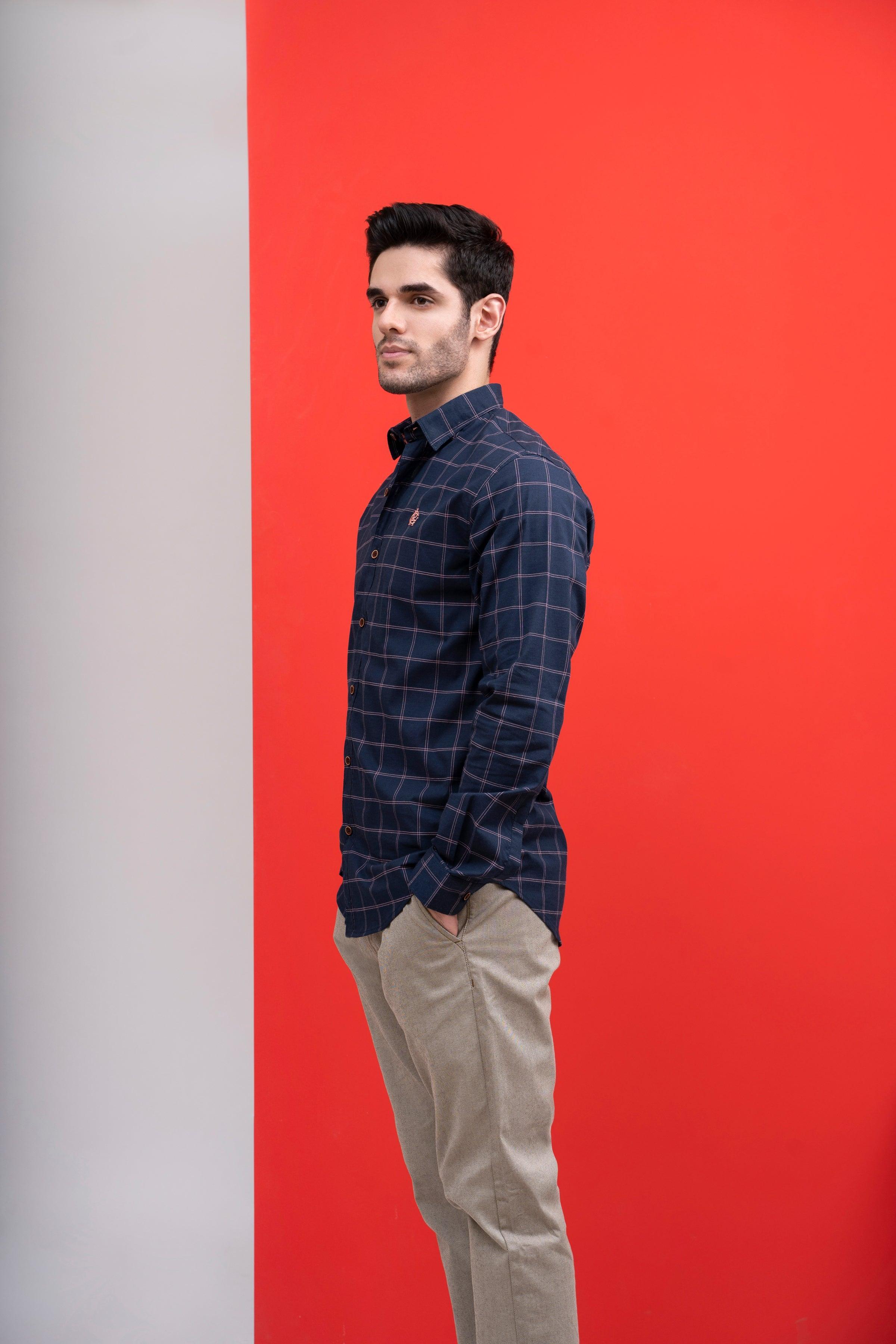 Navy check casual button-up shirt, long sleeves, side profile view